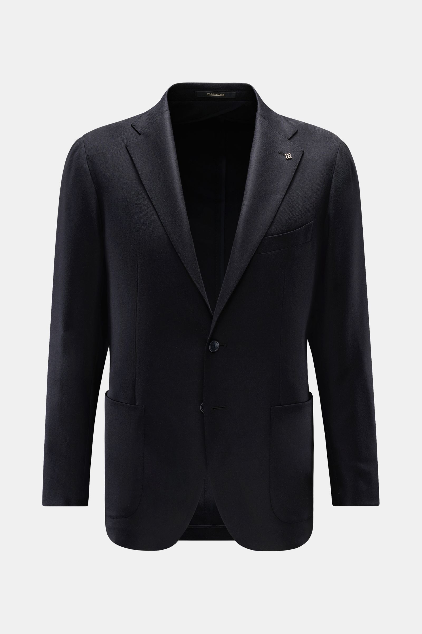 Front view of Tagliatore Sakko 'Monte Carlo' dark navy blazer in elastic wool-cashmere twill, slim fit, unconstructed design with soft touch, two-button style, notch lapel with brand pin, chest pocket, patch hip pockets, kissing buttons, back side vents, 