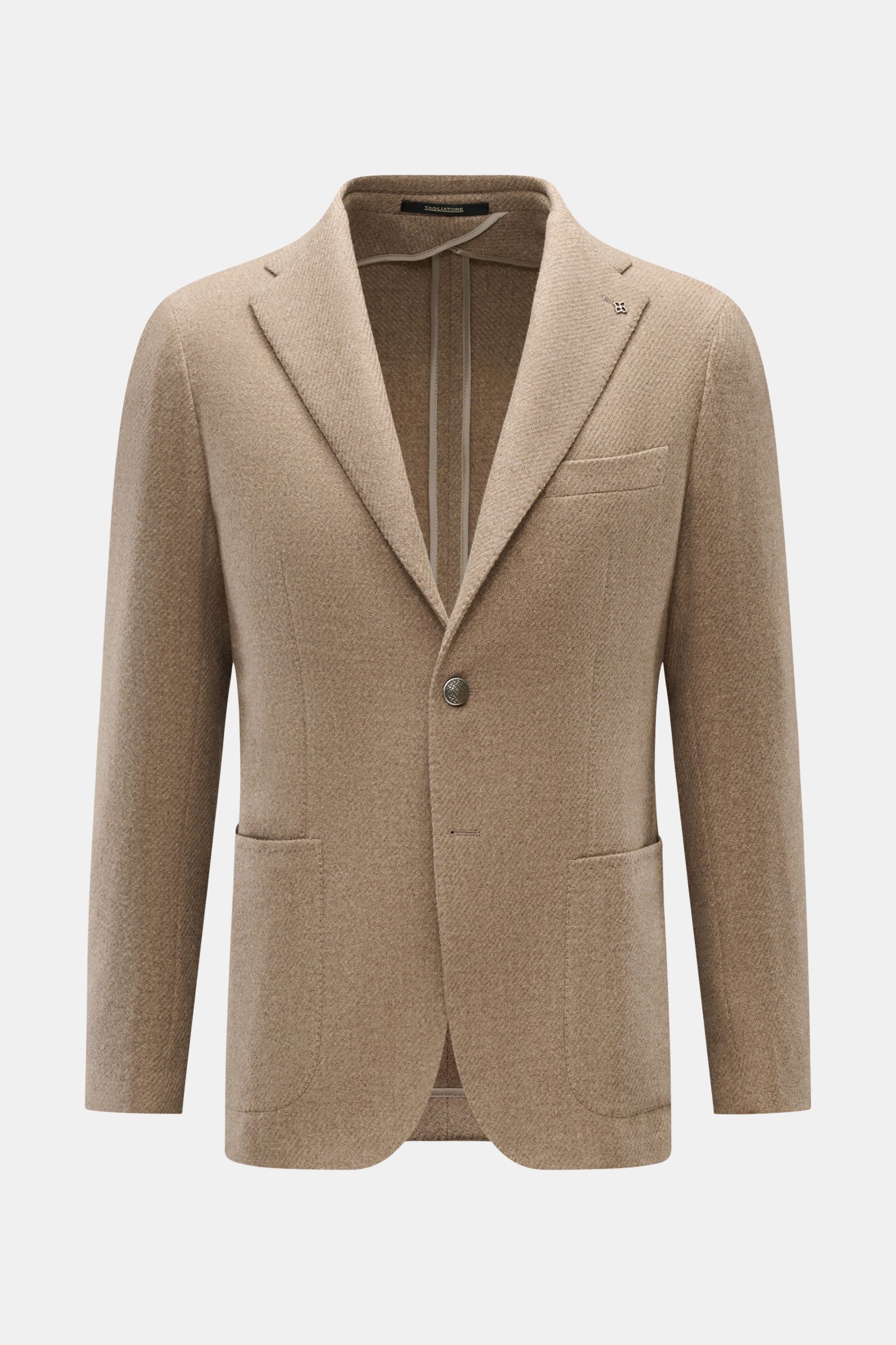 Frontale Ansicht des beigen Tagliatore Sakkos 'Monte Carlo' in Slim Fit aus weichem Woll-Mix mit Unconstructed-Design, fallendem Revers, zwei Knöpfen, Brusttasche, aufgesetzten Hüfttaschen und markantem Revers-Pin.