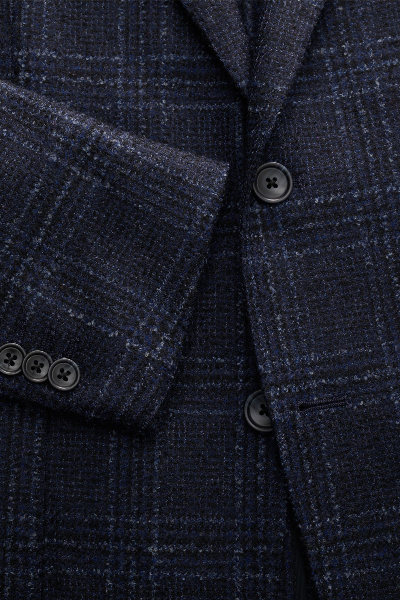 Tagliatore Sakko 'Monte Carlo' navy/dunkelblau/rauchblau kariert, Slim Fit, Unconstructed Woll-Mix, Glencheck, zwei Knöpfe, fallendes Revers, Nahaufnahme Front- und Ärmelansicht.