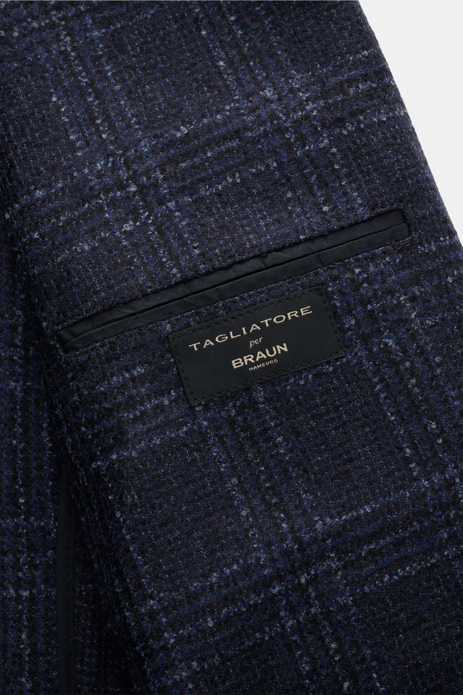 Tagliatore Sakko 'Monte Carlo' navy/dunkelblau/rauchblau kariert, Detailansicht innen mit Glencheck aus Woll-Mix, Unconstructed-Design, Innentasche und Label.