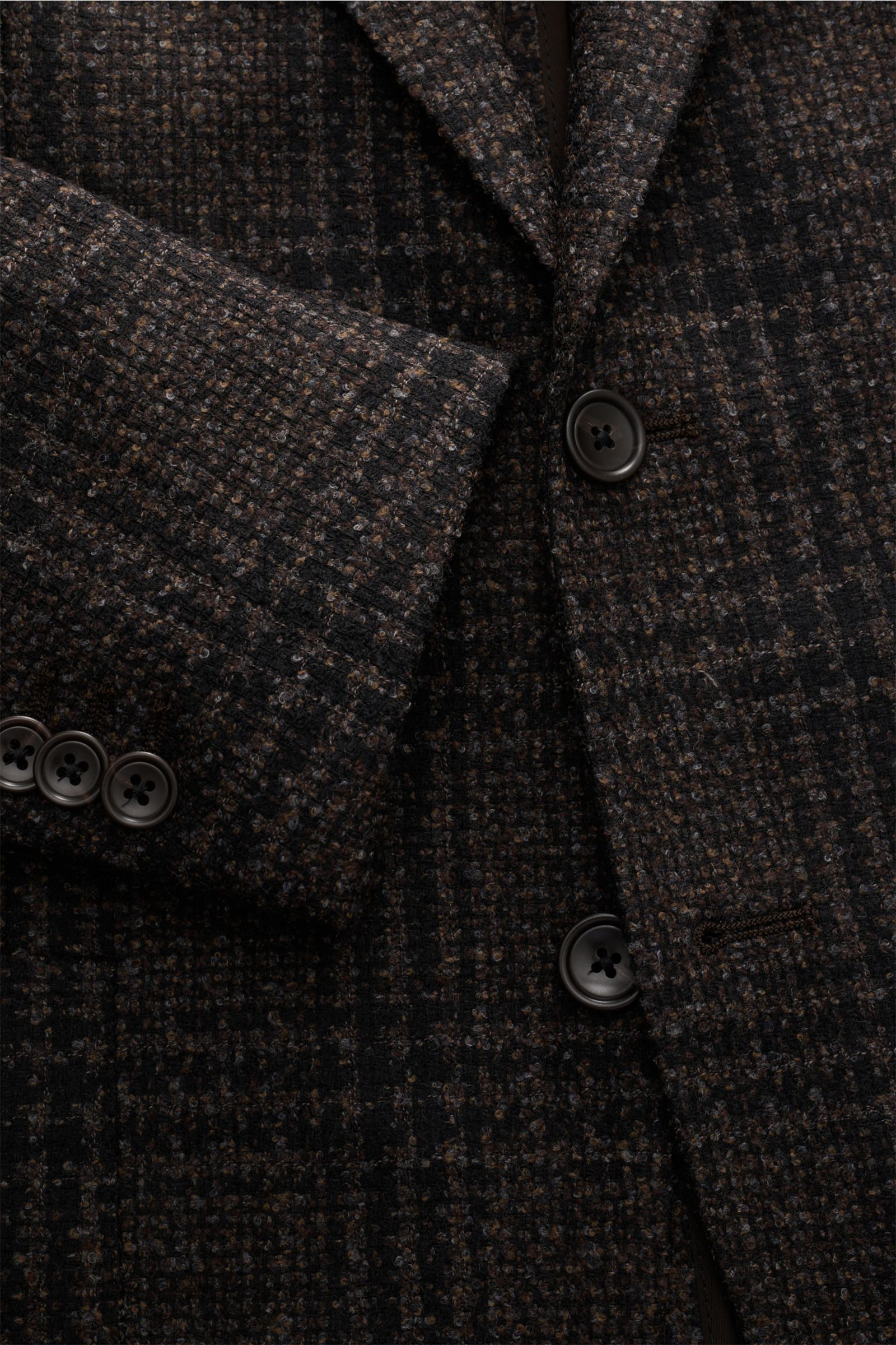 Tagliatore Sakko 'Monte Carlo' schwarz/braun/grau kariert, Unconstructed Woll-Mix, Slim Fit, Glencheck-Muster, Zwei-Knopf-Stil, Detailaufnahme von vorne.