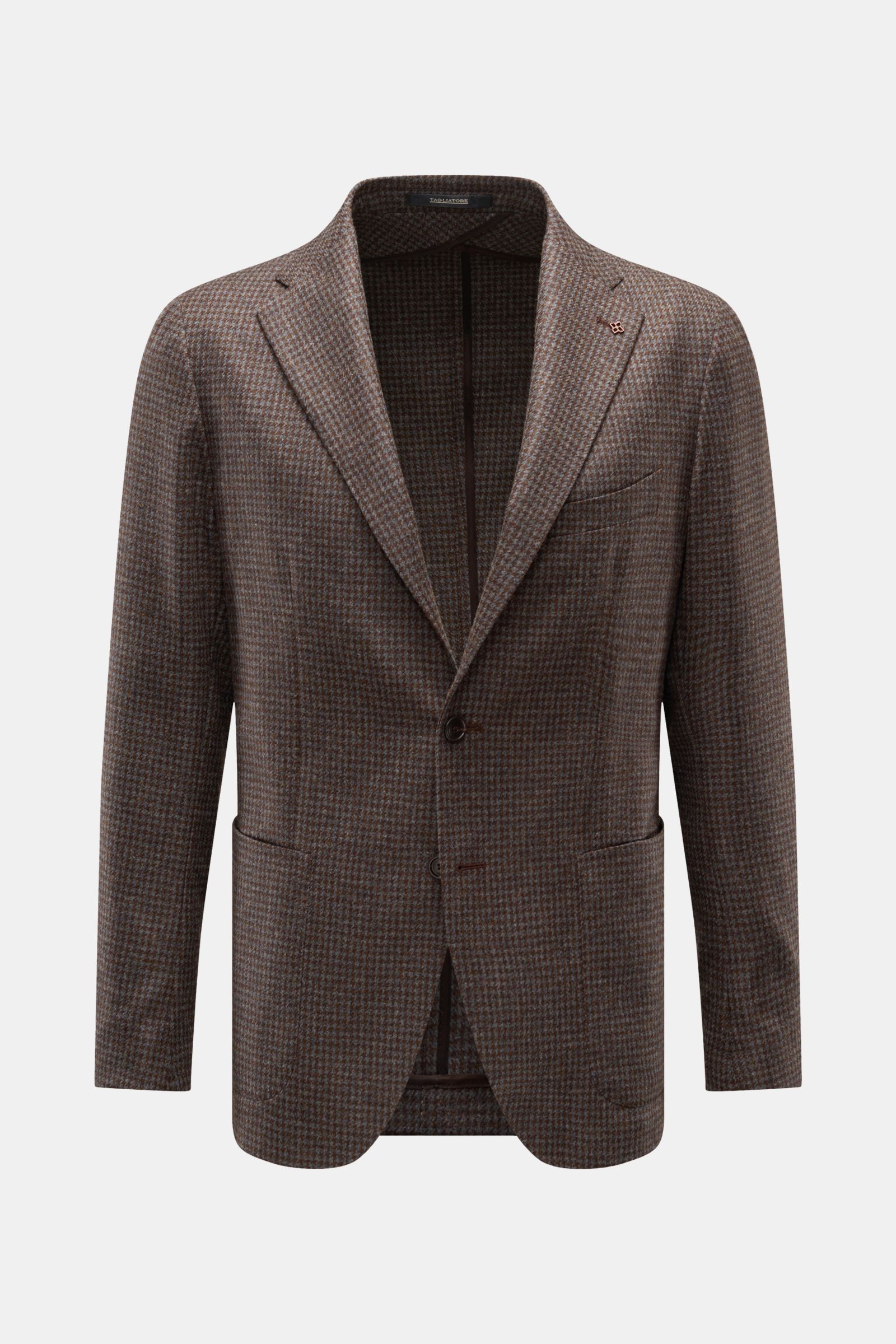 Tagliatore Sakko 'Monte Carlo' braun/graublau kariert, Slim Fit, Unconstructed Design, Hahnentritt-Muster, fallendes Revers, Zwei-Knopf-Stil, frontale Perspektive.