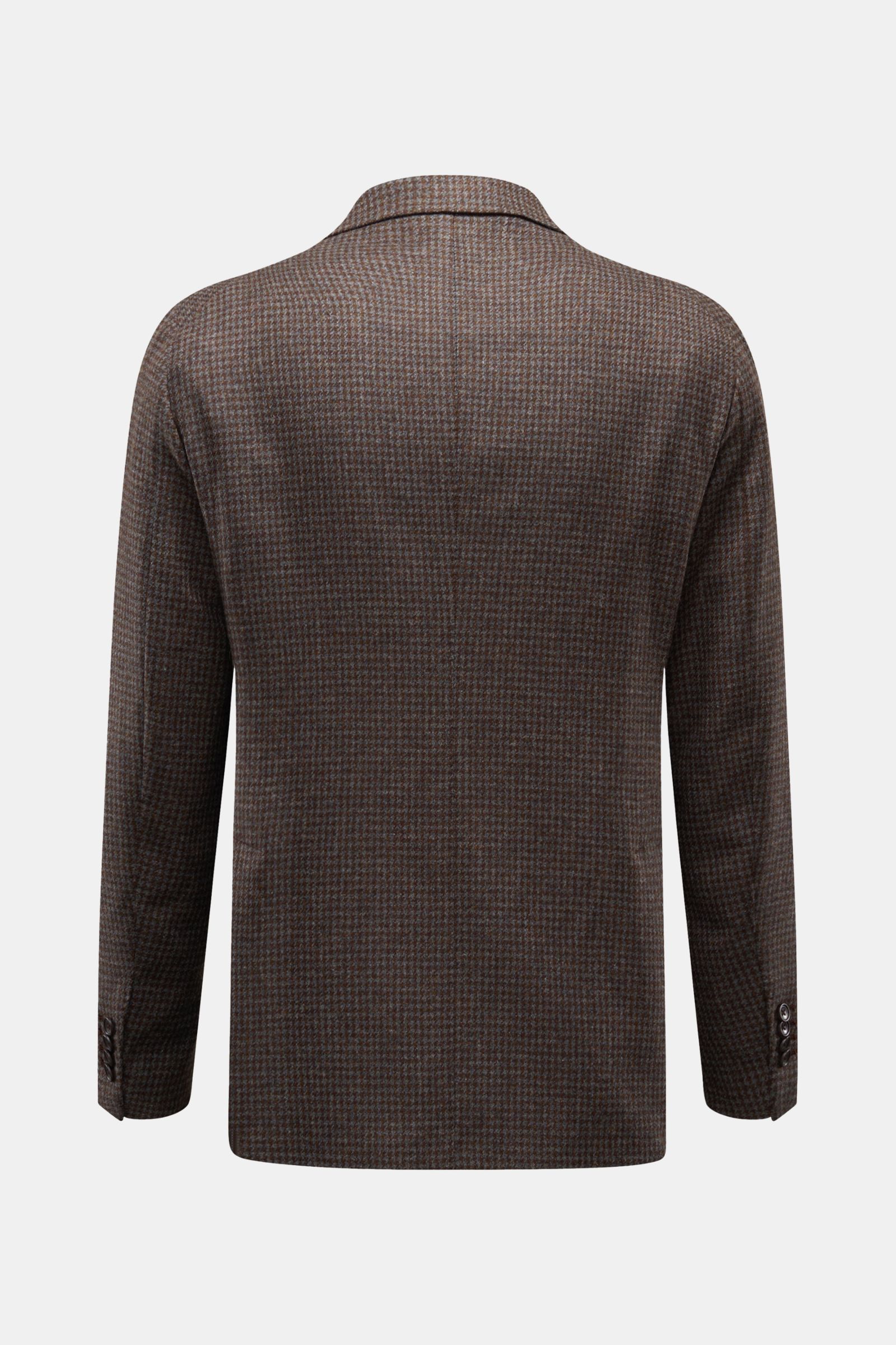 Tagliatore Sakko 'Monte Carlo' braun/graublau kariert, Unconstructed-Verarbeitung aus reiner Super 110'S Wolle, Slim Fit, Rückansicht mit fallendem Revers und Rückenschlitzen.