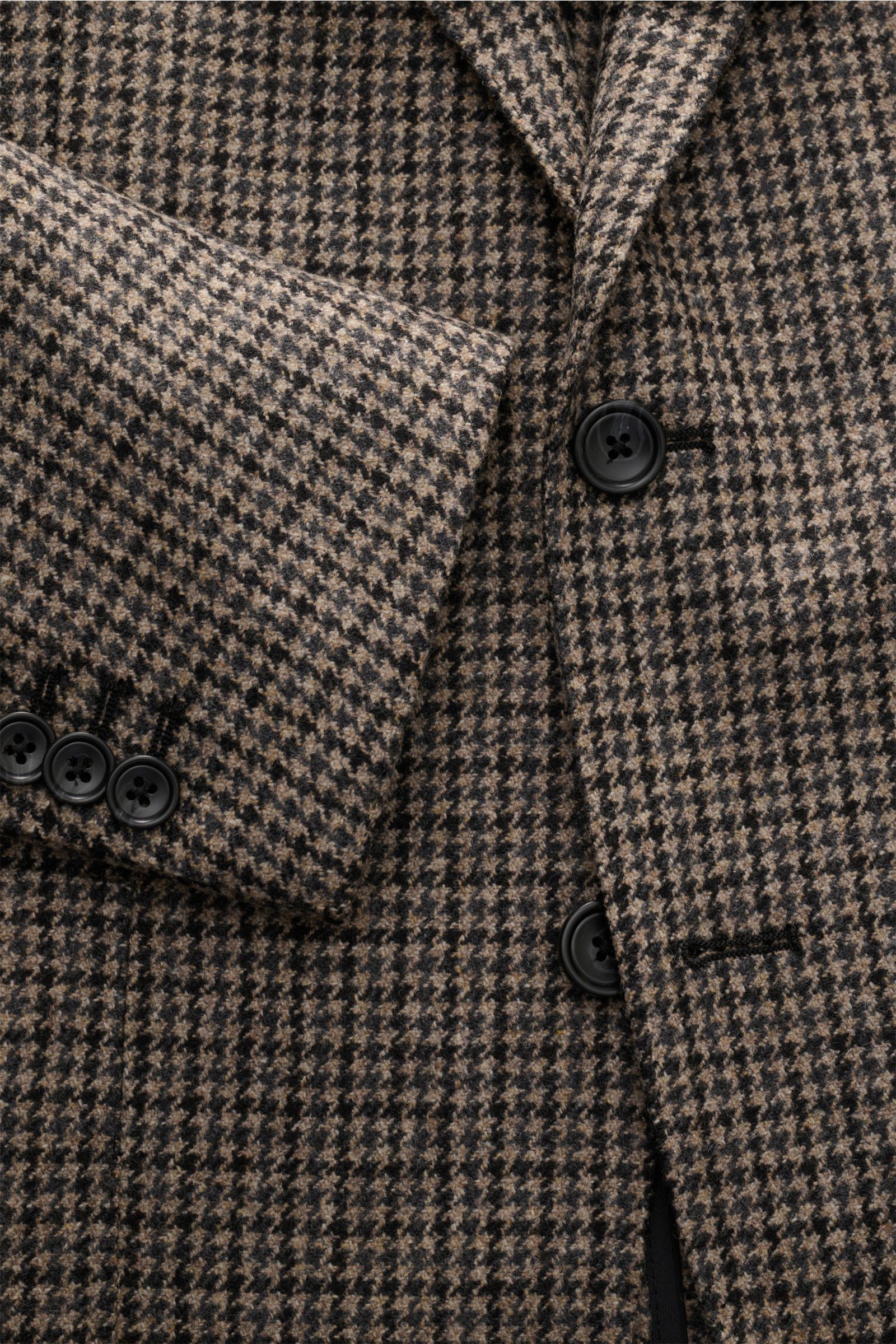 Tagliatore Sakko 'Monte Carlo' beige/dunkelgrau/dunkelbraun kariert, Unconstructed Design, Slim Fit, Hahnentritt-Muster, Knöpfe, Revers, Nahaufnahme von vorne schräg.