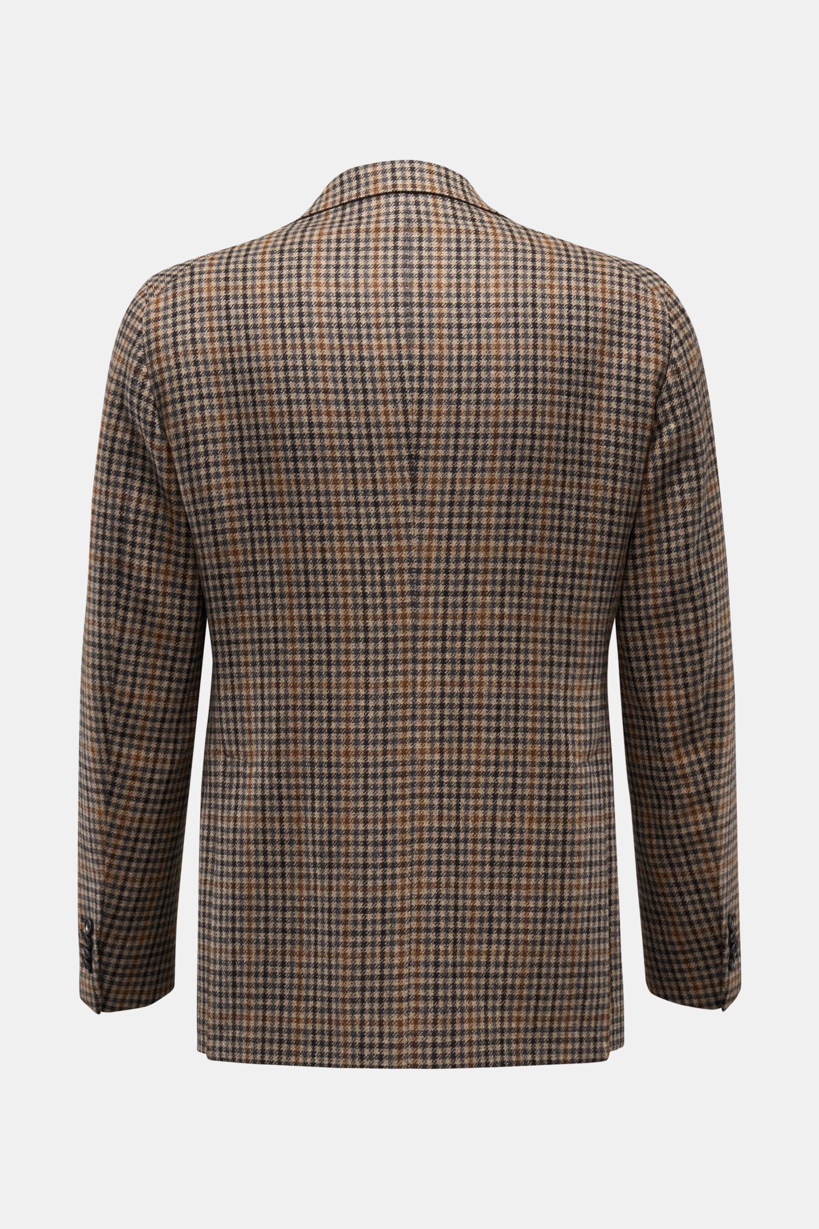 Tagliatore Blazer beige/schwarz/braun kariert, Slim Fit, Unconstructed Design, reine Wolle, Hahnentritt, Rückansicht mit fallendem Revers, zwei Knöpfen, drei Innentaschen.