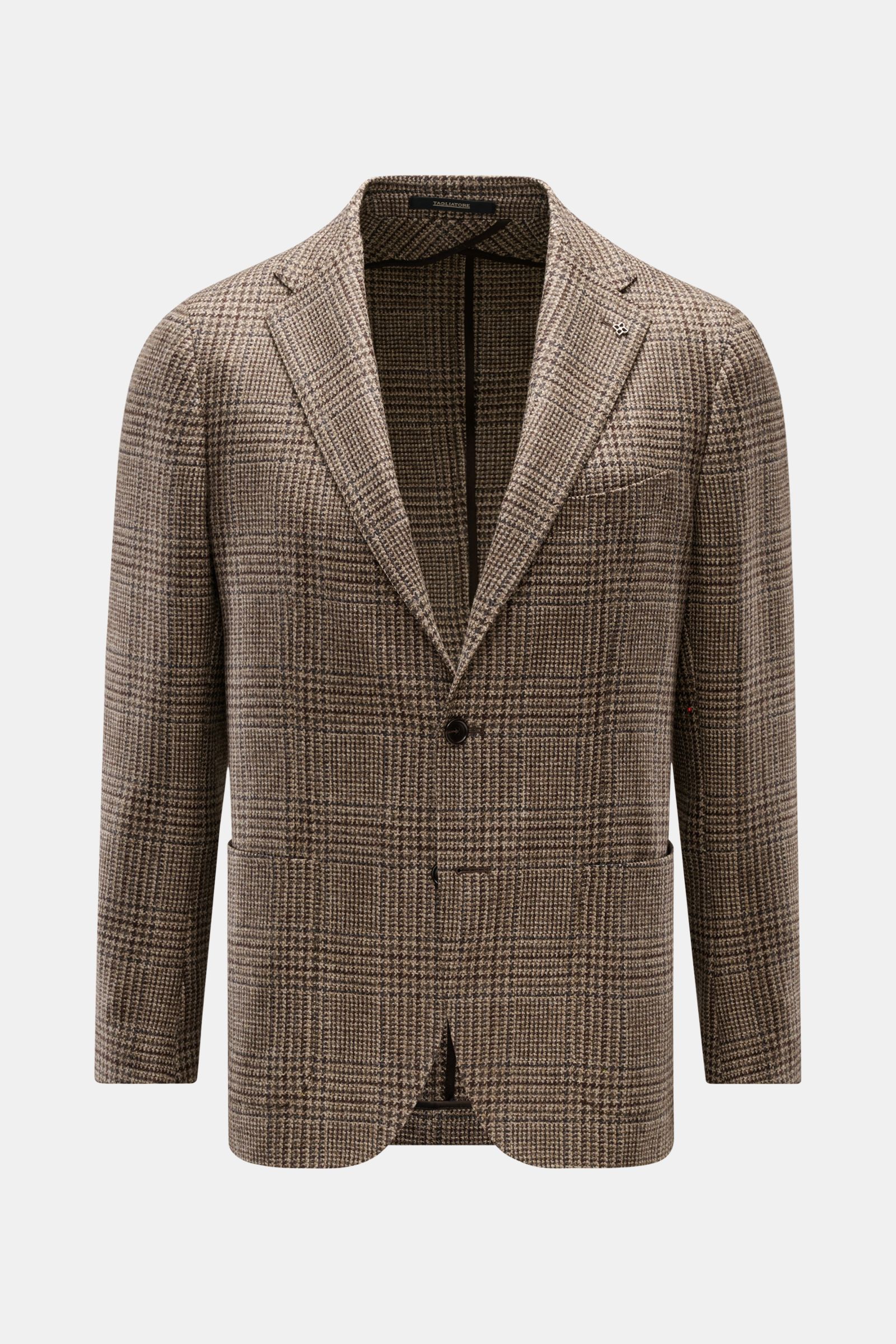 Tagliatore Sakko 'Monte Carlo' beige/dunkelgrau/dunkelbraun kariert, Slim Fit, Unconstructed aus Wolle und Cashmere, Glencheck, frontal fotografiert.