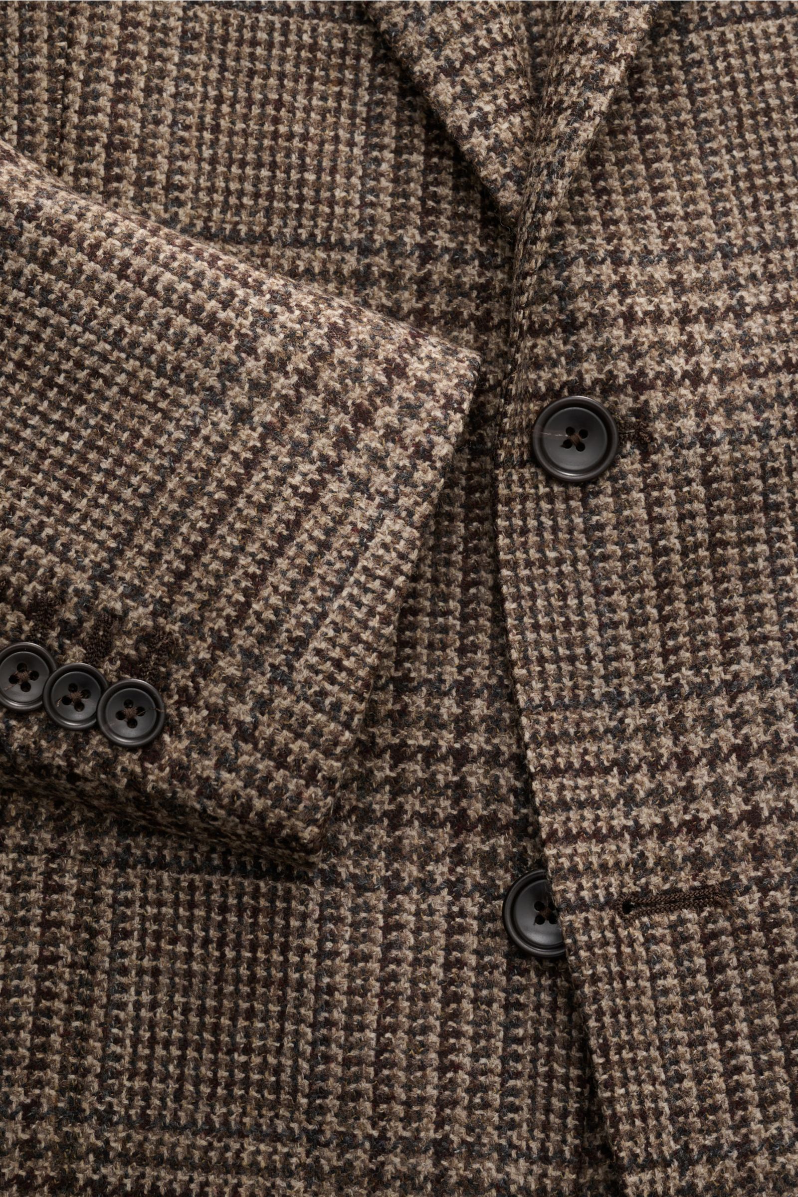 Tagliatore Sakko 'Monte Carlo' beige/dunkelgrau/dunkelbraun kariert, Slim Fit, Unconstructed Wolle-Cashmere, Glencheck, Knöpfe und Taschen, Detailfoto.