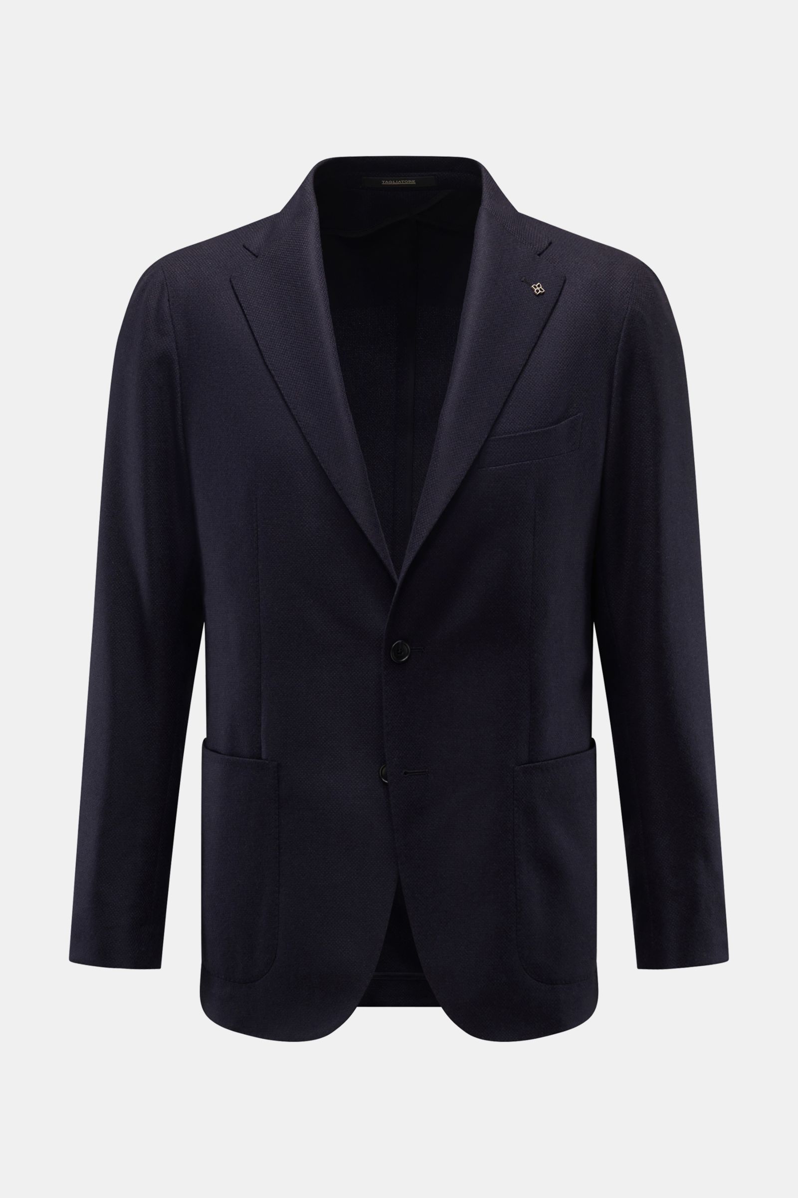 Tagliatore Sakko 'Monte Carlo' dark navy, frontale Ansicht, Slim Fit, Unconstructed-Verarbeitung aus Wolle mit Cashmere, feines Strukturgewebe, taillierter Zwei-Knopf-Stil, fallendes Revers mit Pin, Brust- und aufgesetzte Hüfttaschen, Kissing Buttons, Sei