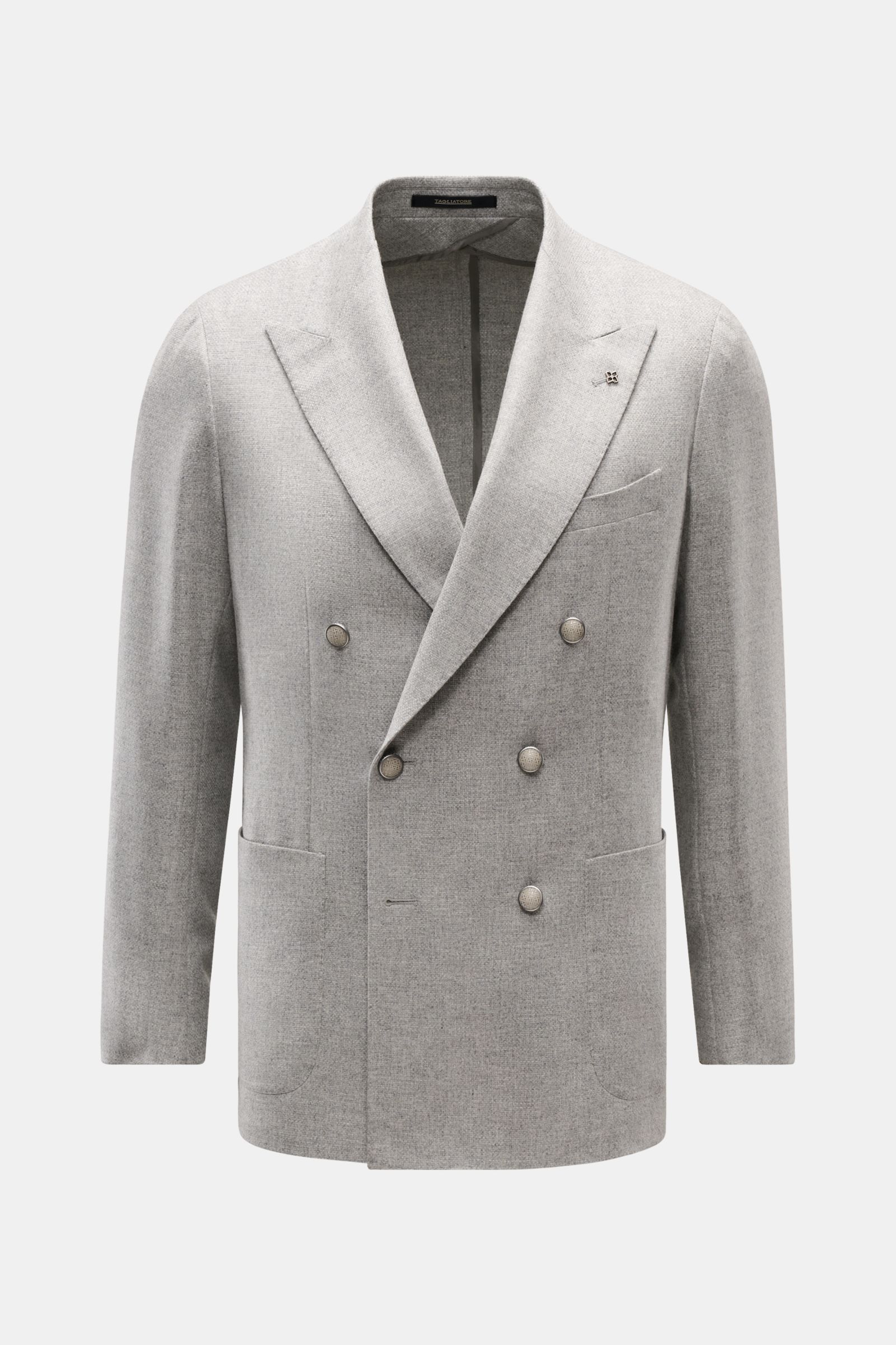 Front view of Tagliatore Sakko 'Monte Carlo' taupe meliert, a slim fit, unconstructed wool and cashmere blazer with notch lapels, two-button closure, classic breast pocket, patch hip pockets, kissing buttons, and back side vents.

Description: Die Unco