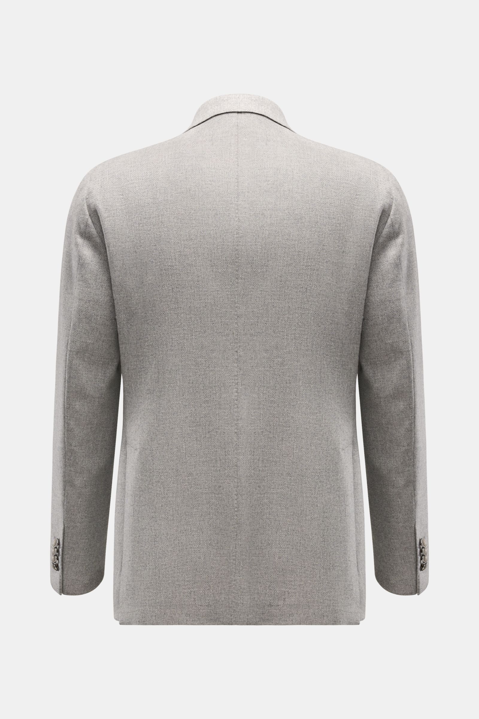 Rear view of Tagliatore Sakko 'Monte Carlo' taupe meliert in slim fit with unconstructed wool and cashmere blend, showing back vents and soft texture. 

Die Unconstructed-Verarbeitung aus Wolle mit Cashmere aus feinem Strukturgewebe macht das Sakko 'Mo