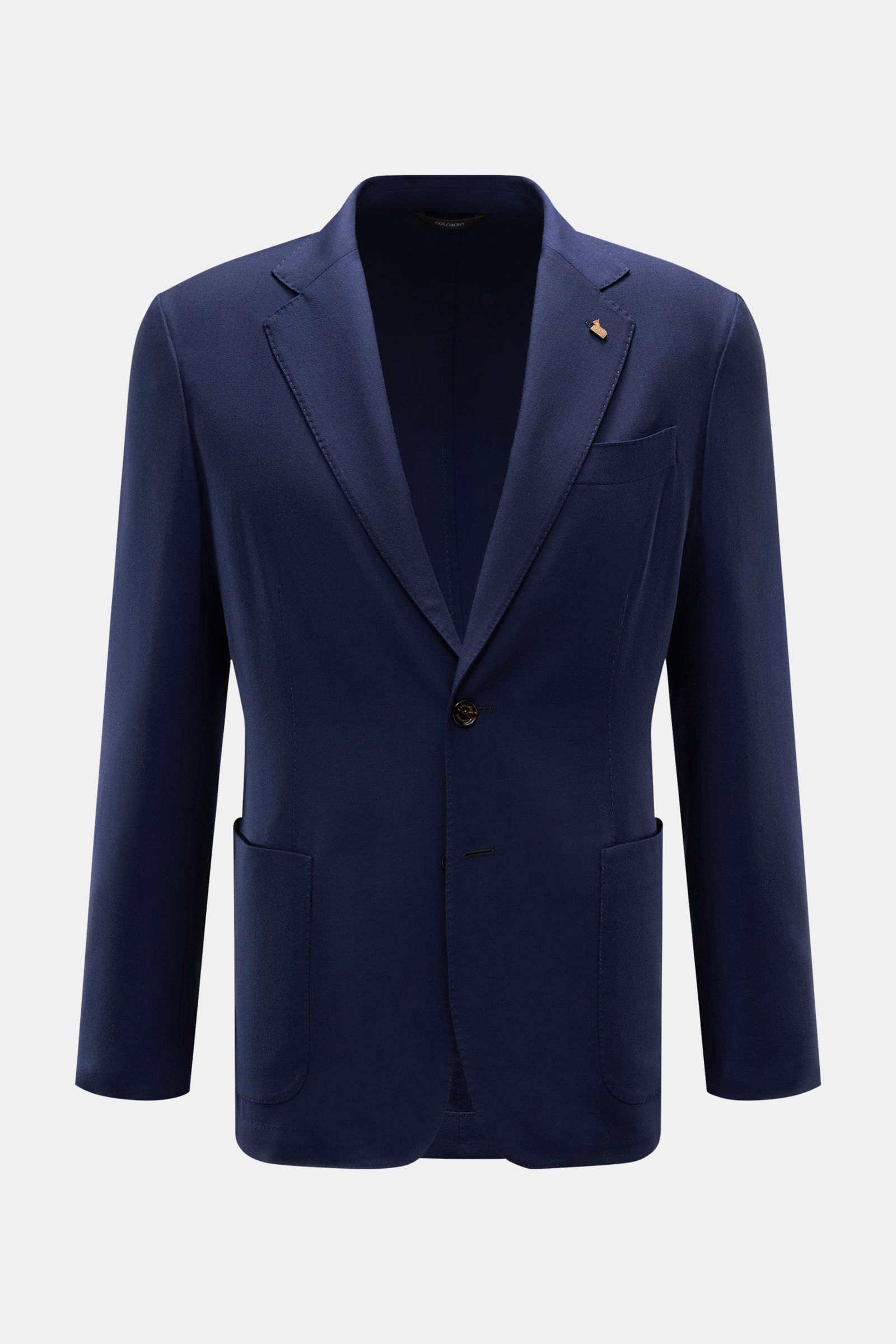 Colombo Cashmere blazer navy shown from the front, lightweight two-button slim fit with step lapel pin, breast and patch hip pockets.