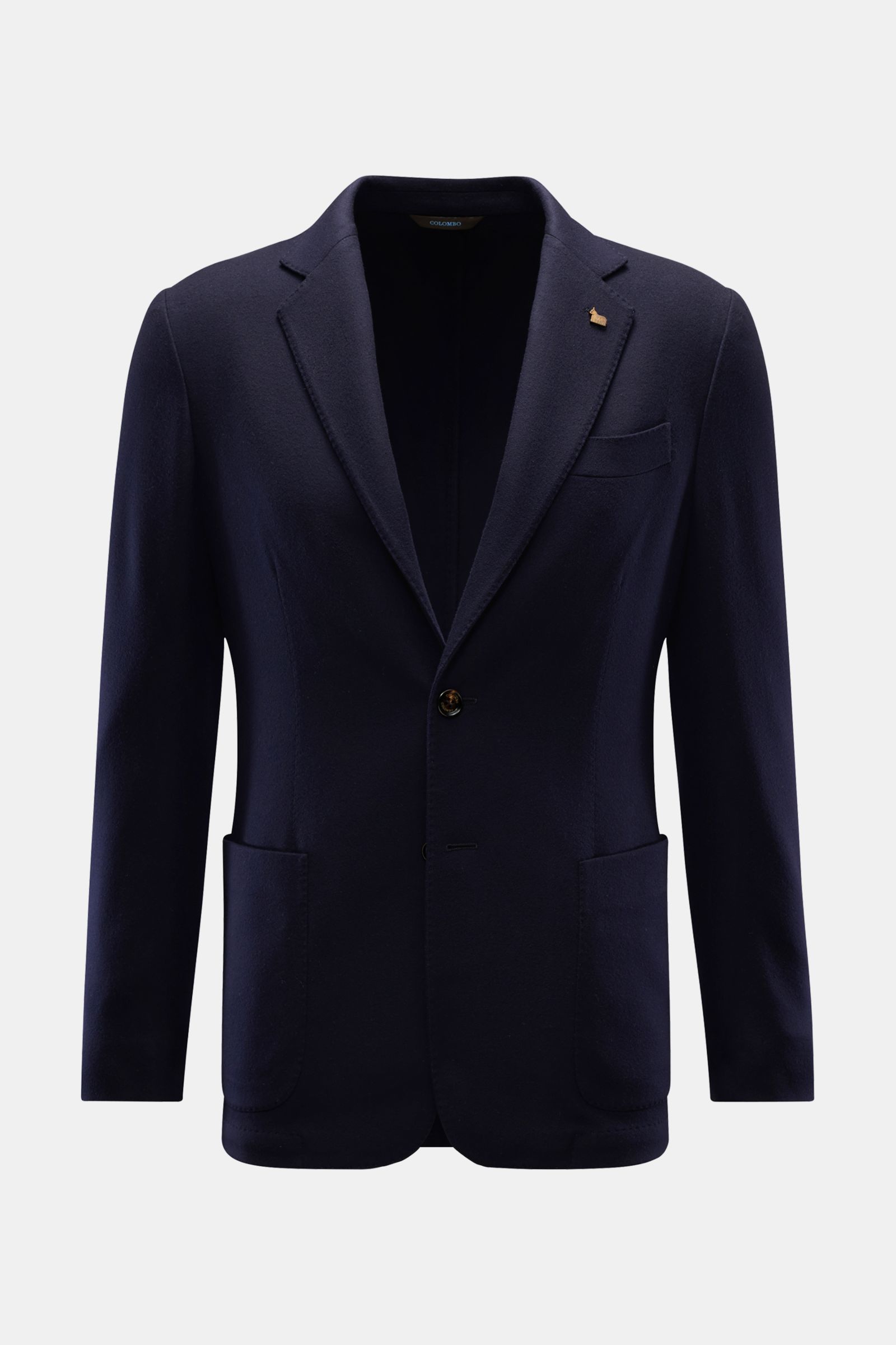 Colombo Sakko navy, Slim Fit, taillierter Zwei-Knopf-Stil aus reiner, thermoregulierender Wolle, frontal fotografiert mit fallendem Revers, Brust- und Hüfttaschen.