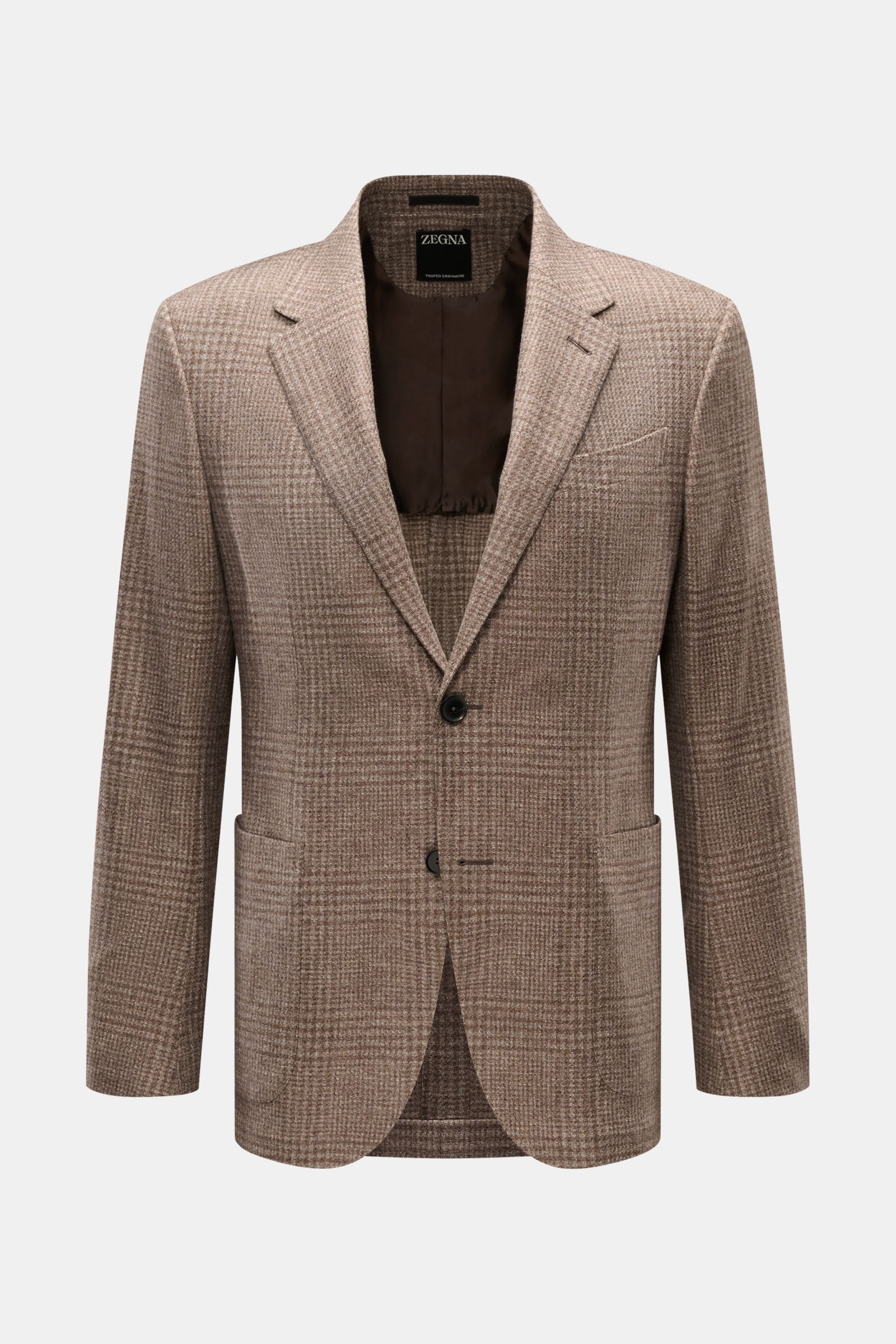 Zegna Sakko graubraun kariert, Slim Fit, aus Wolle mit Cashmere, Karo-Webstruktur, taillierter Zwei-Knopf-Stil, frontale Ansicht.