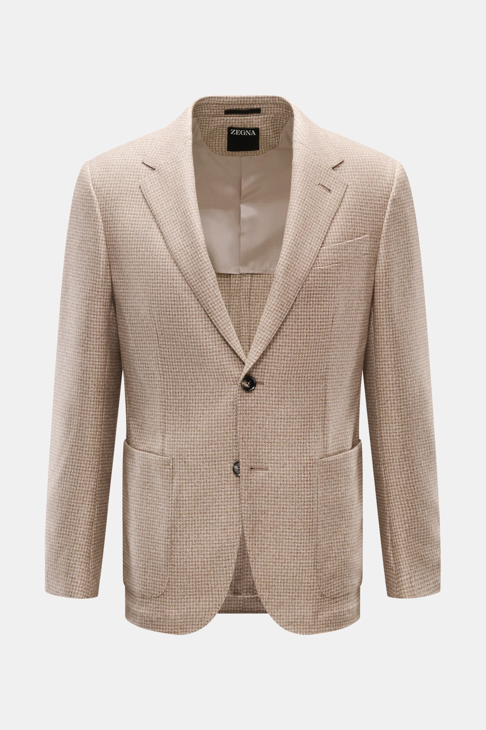 Front view of Zegna Smart-casual jacket grey-brown/beige patterned in silk and cashmere with houndstooth weave, slim fit, two-button style.

This smart-casual jacket made of silk and cashmere by ZEGNA, featuring a subtle houndstooth weave pattern, embo