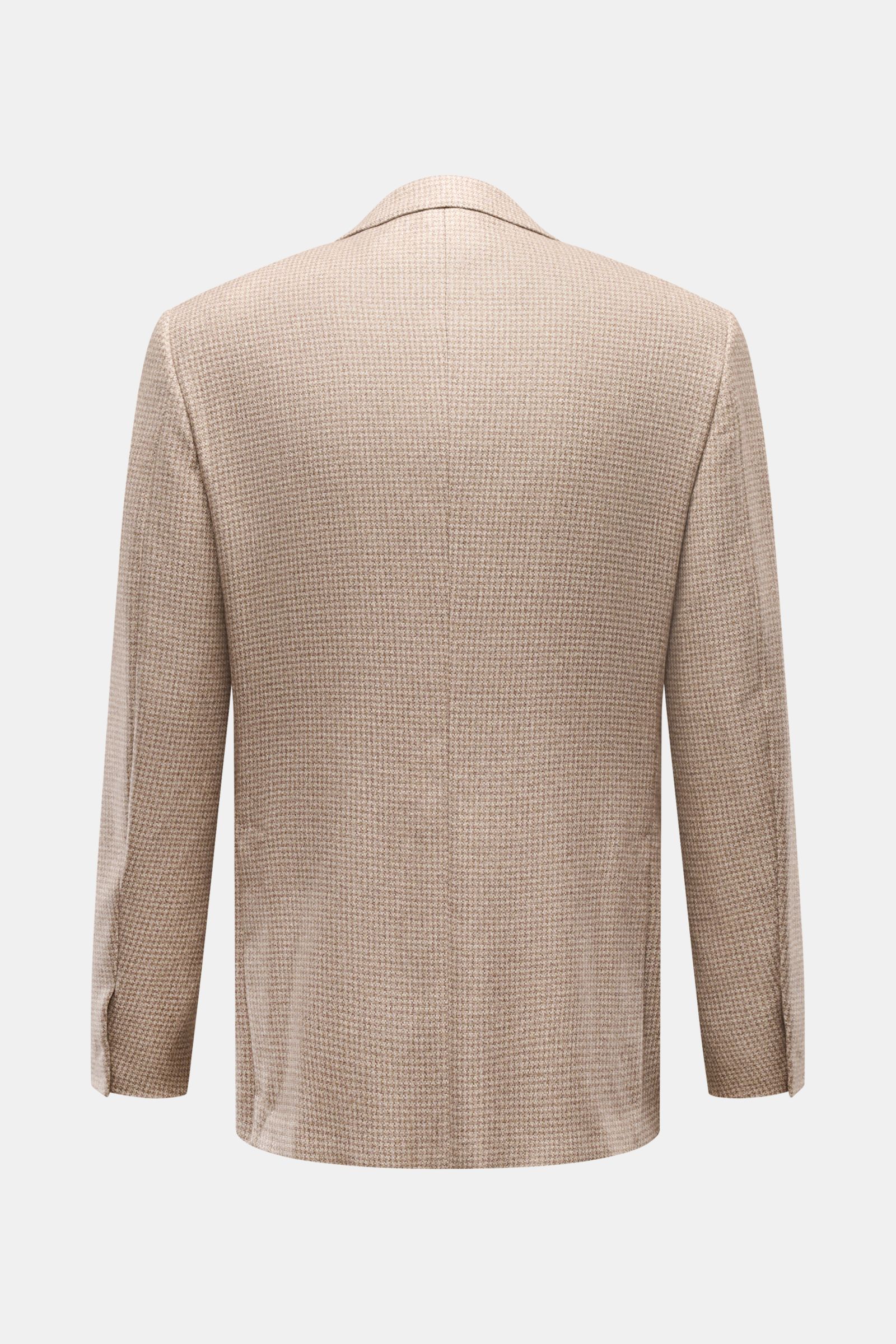 Back view of Zegna Smart-casual jacket grey-brown/beige patterned, slim fit silk-cashmere blend with houndstooth weave and step lapel.

This smart-casual jacket made of silk and cashmere by ZEGNA, featuring a subtle houndstooth weave pattern, embodies 