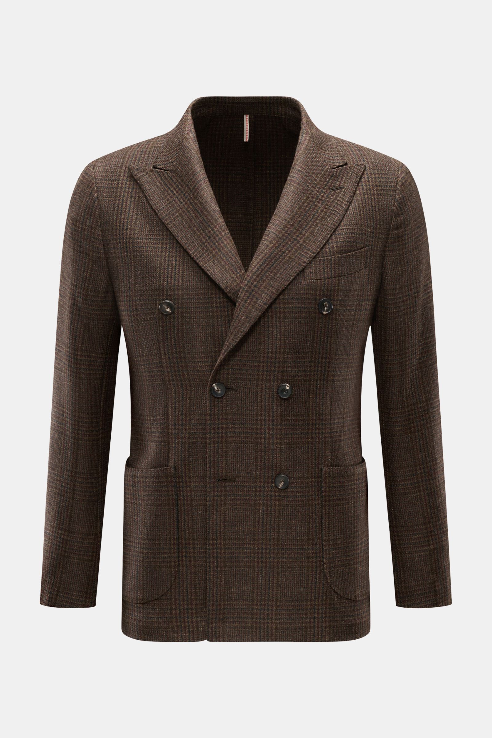 Santaniello Sakko braun/bordeaux/anthrazit kariert, frontale Aufnahme, slim Fit, reine Wolle, zweireihig, Glencheck, Spitzrevers, drei Knöpfe, Taschen, Kissing Buttons.