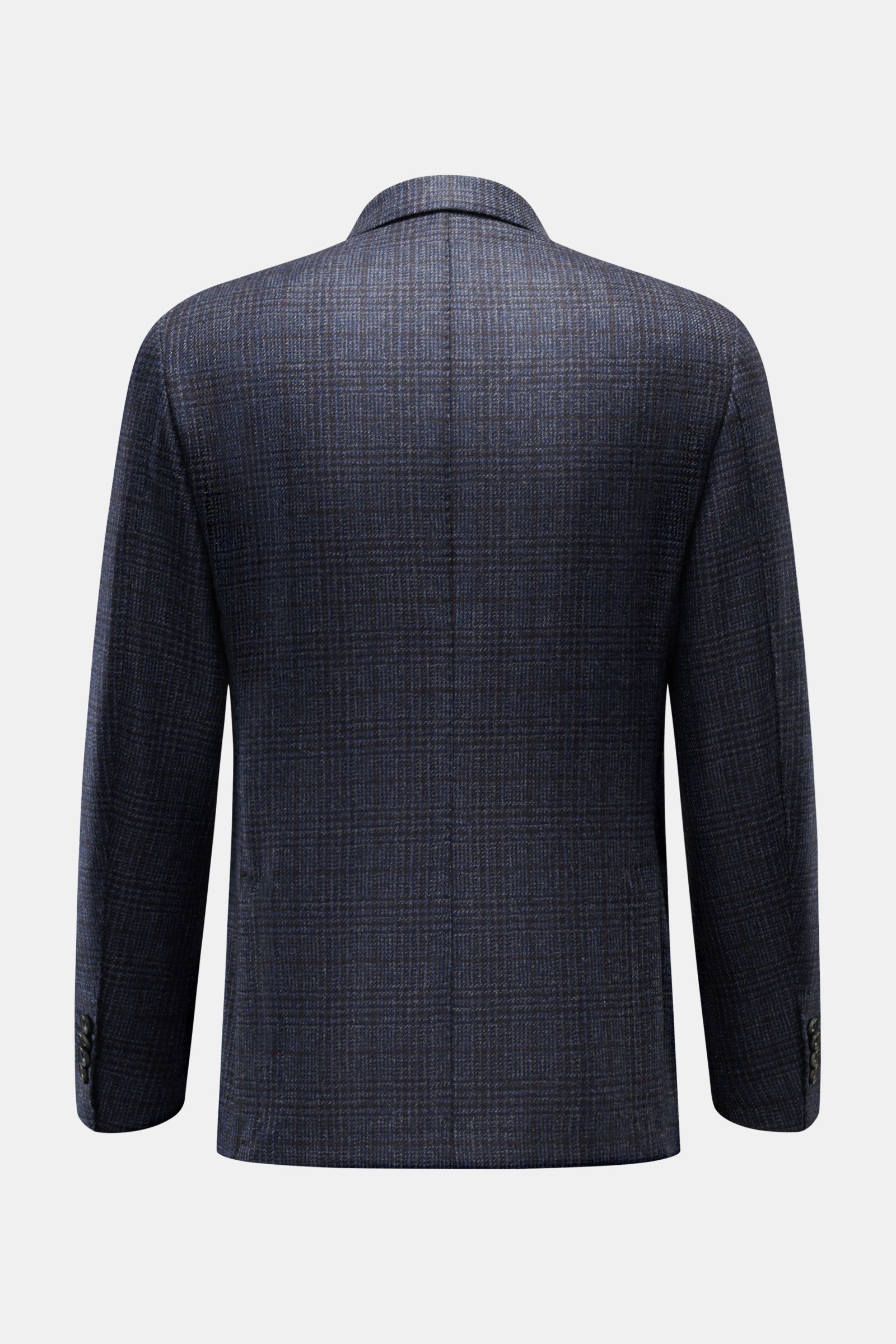 Rear view of Santaniello Smart-casual jacket dark blue/grey/black checked in fine wool with classic glen check pattern, slim fit, double-breasted style, soft feel.

Classic elegance for the new season: This double-breasted smart-casual jacket by SANTAN