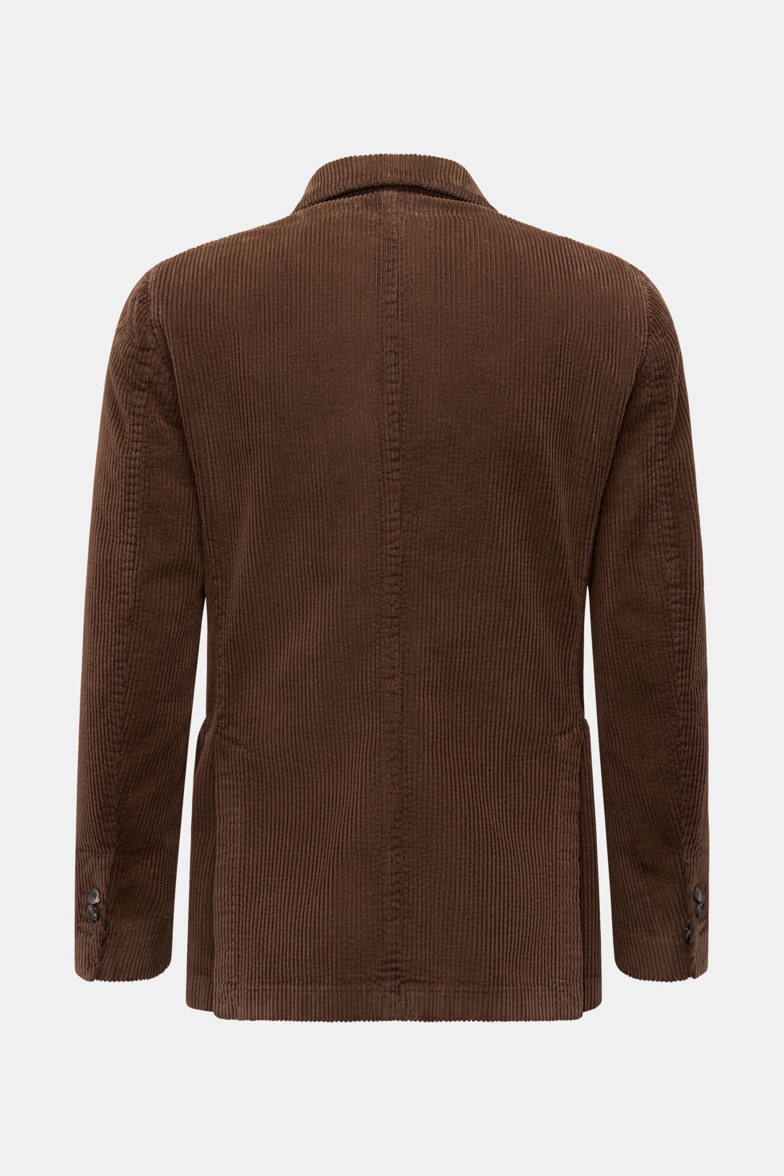 Santaniello Cordsakko braun, Rückansicht, Slim Fit, Zwei-Knopf-Stil, breiter Baumwoll-Cord, tailliert, Seitenschlitze, Kissing Buttons, Innentaschen.