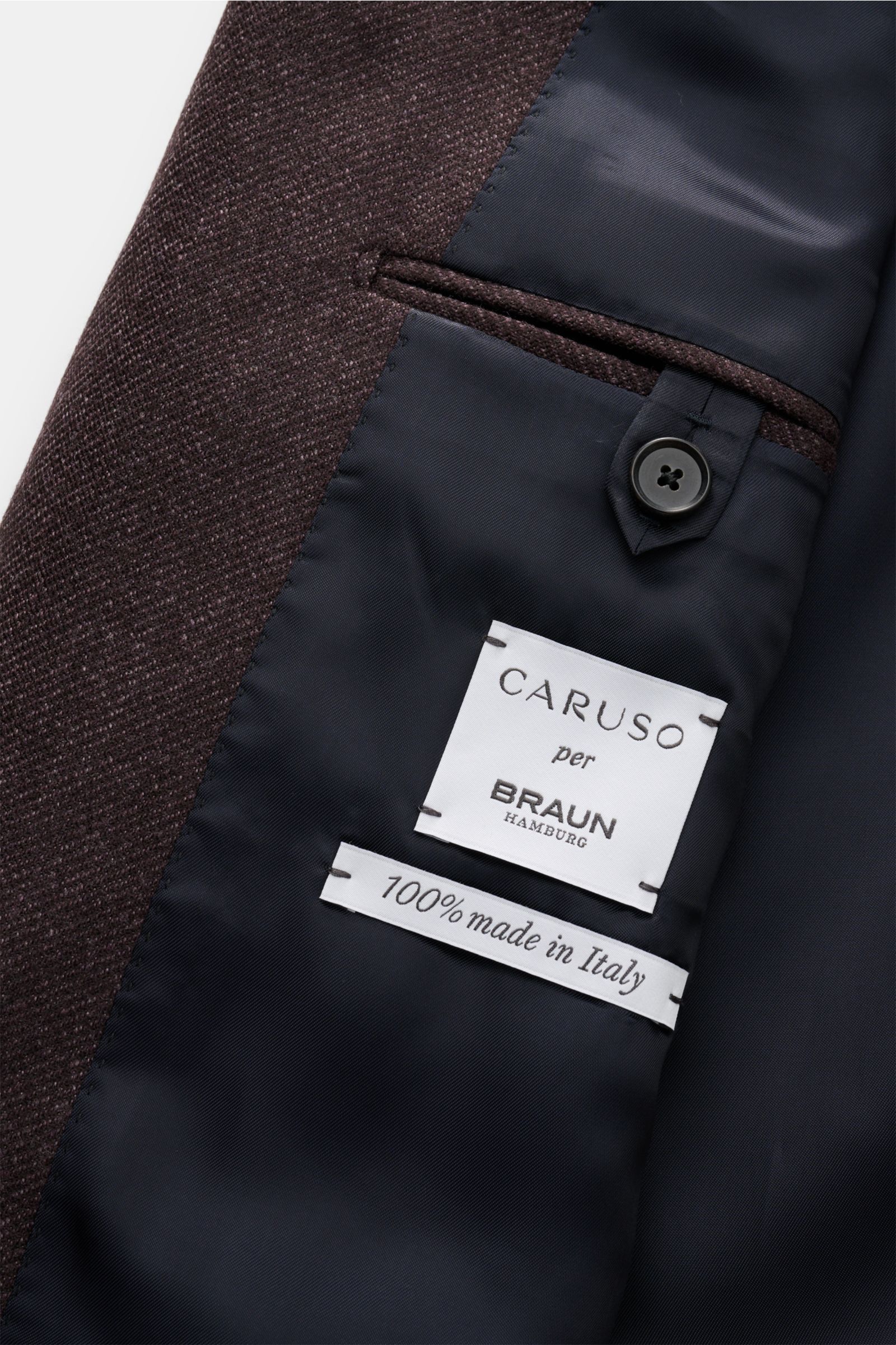 Caruso Sakko 'Aida' dunkelbraun meliert, Detailaufnahme Innenfutter mit Etiketten, weiche Wolle, Slim Fit, handwerkliche Verarbeitung.