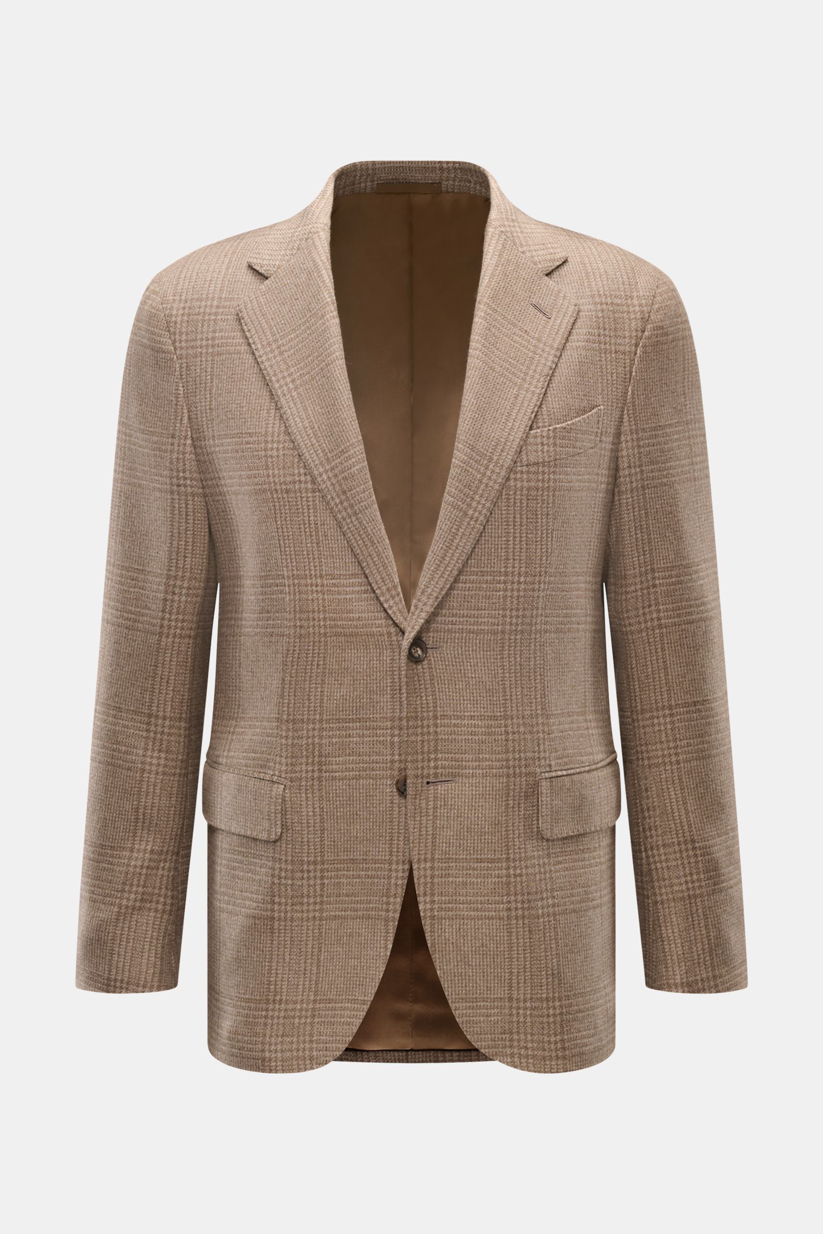 Caruso Cashmere Sakko 'Aida' braun/graubraun kariert, Slim Fit, tailliert, Glencheck, Zwei-Knopf, fallendes Revers, Brust- und Hüfttaschen, Innenseite sichtbar, frontale Ansicht.