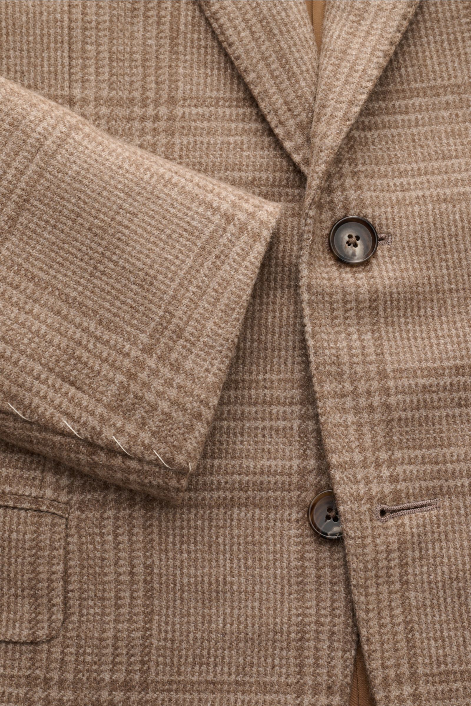 Caruso Cashmere Sakko 'Aida' braun/graubraun kariert, Slim Fit, tailliert, Glencheck, Zwei-Knopf-Stil, Detailaufnahme von vorne.