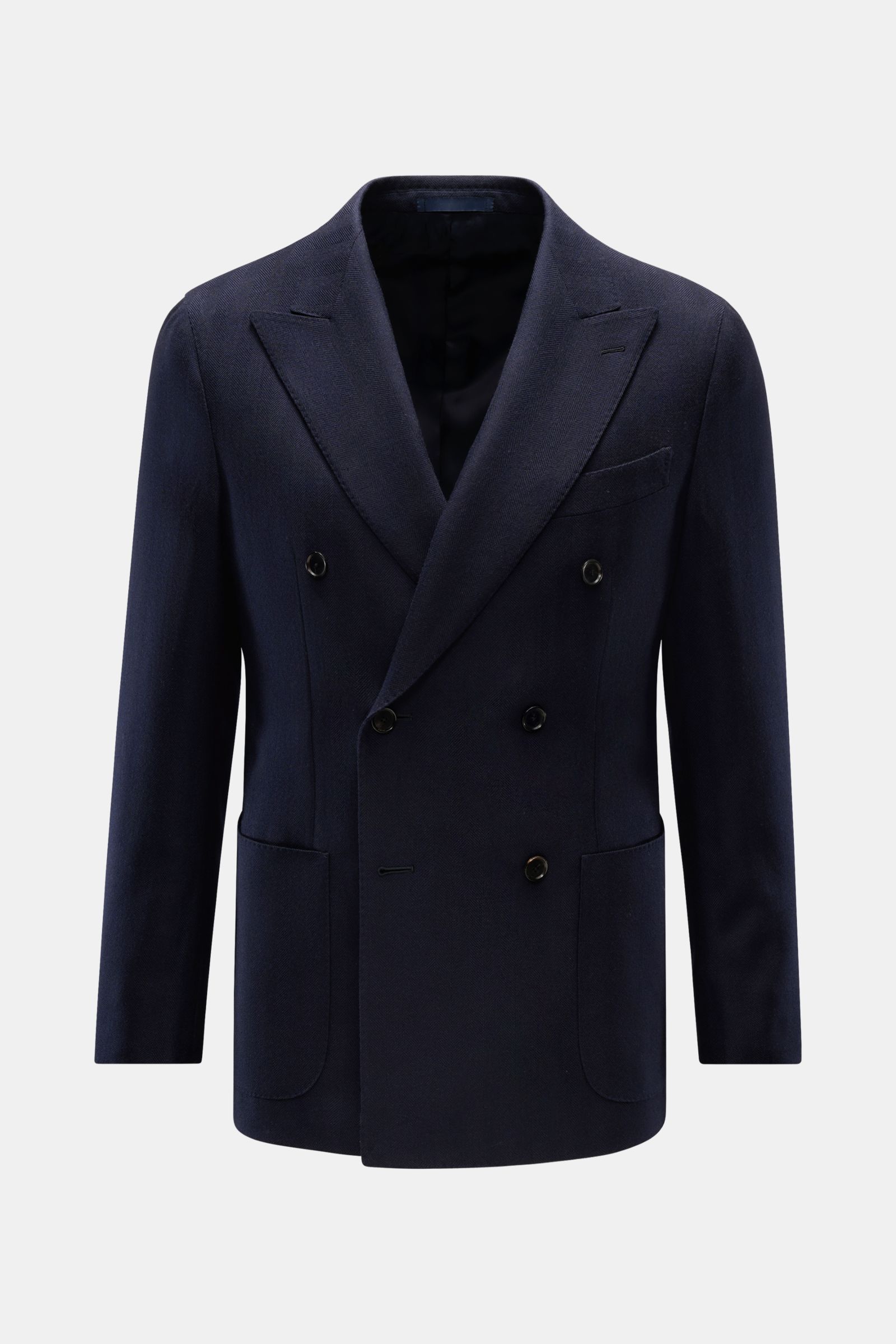Front view of Caruso Sakko 'Aida' navy, a slim fit double-breasted wool blazer with tonal herringbone texture, peaked lapels, patch hip pockets, classic chest pocket, unfinished sleeve cuffs, back side vents, smooth lining, and three inner pockets. Feine 
