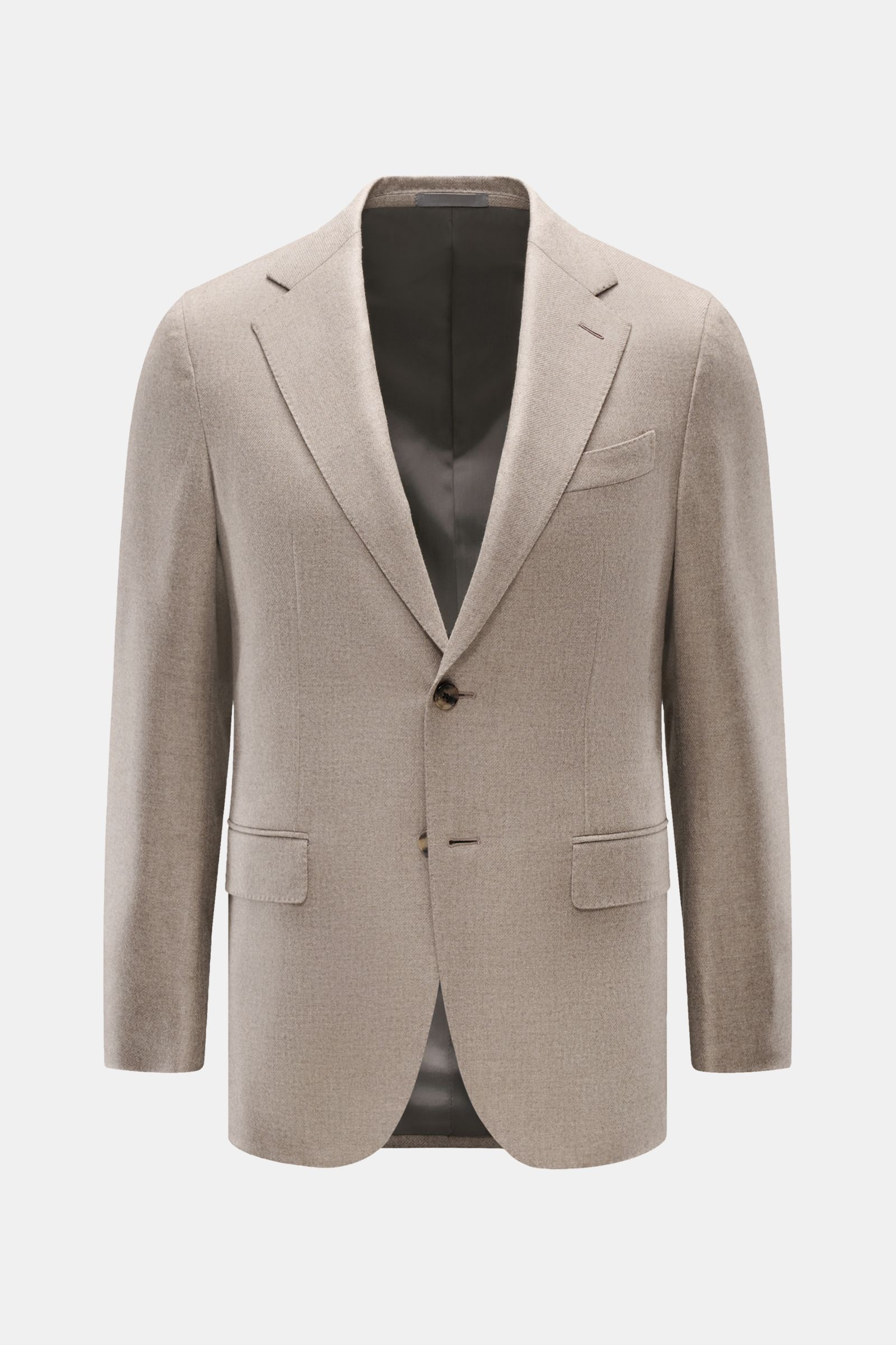 Caruso Sakko 'Aida' beige meliert, frontale Ansicht, tailliert, zwei Knöpfe, fallendes Revers, Brusttasche, Hüfttaschen mit Patten, weicher Wolle-Cashmere-Mix.