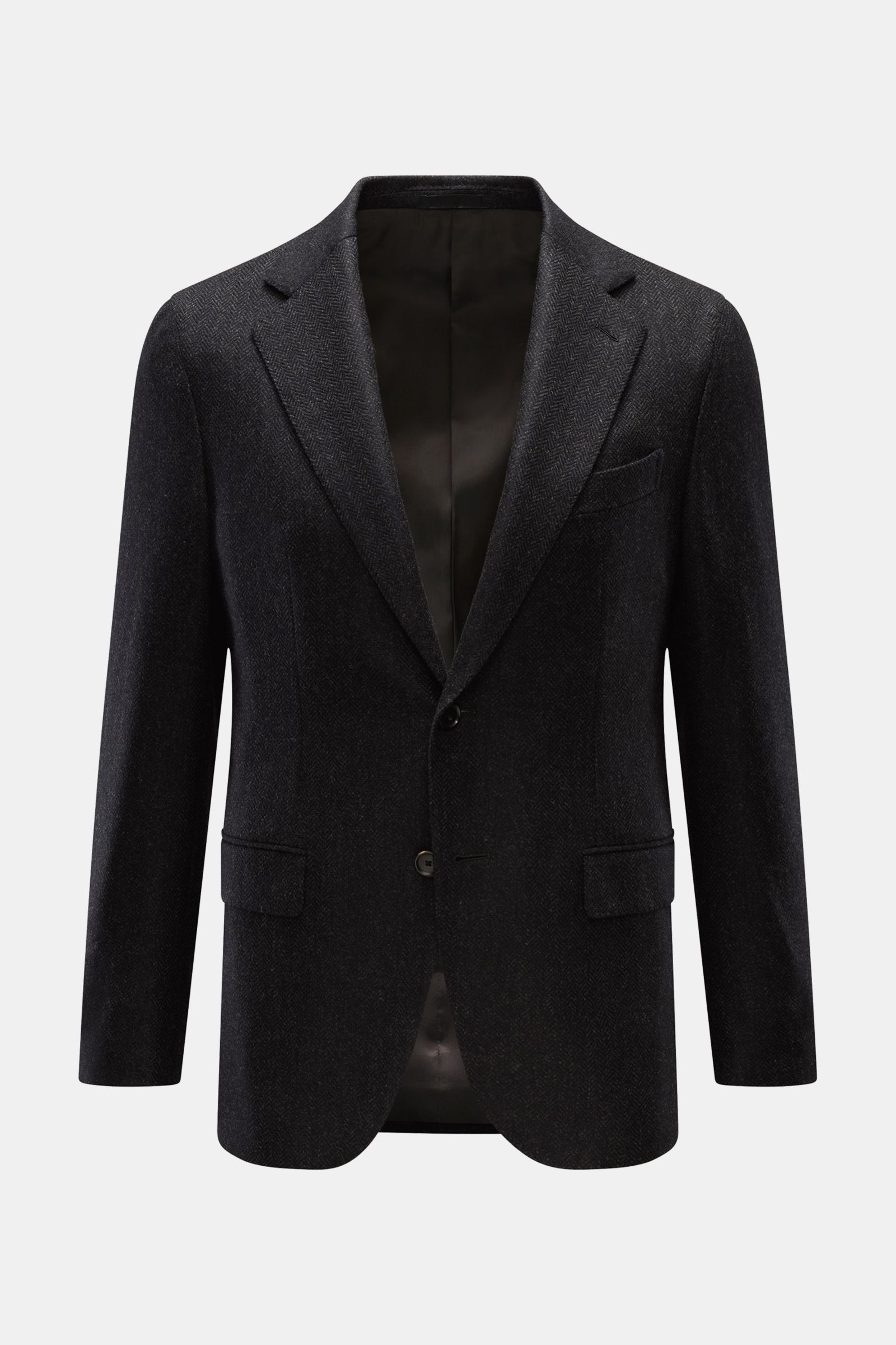 Caruso Sakko 'Aida' anthrazit/dunkelgrau meliert, Slim Fit, tonaler Fischgrat, soft mit Wolle und Cashmere, frontale Ansicht, Zwei-Knopf-Stil, fallendes Revers, Brust- und Hüfttaschen.