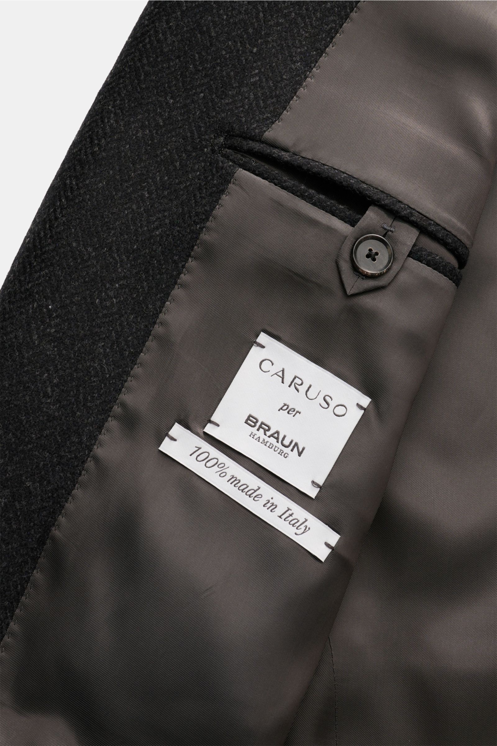 Caruso Sakko 'Aida' anthrazit/dunkelgrau meliert, Innenansicht mit tonalem Futter, Innentaschen, Wolle mit Cashmere, Slim Fit, klassisch, weich.