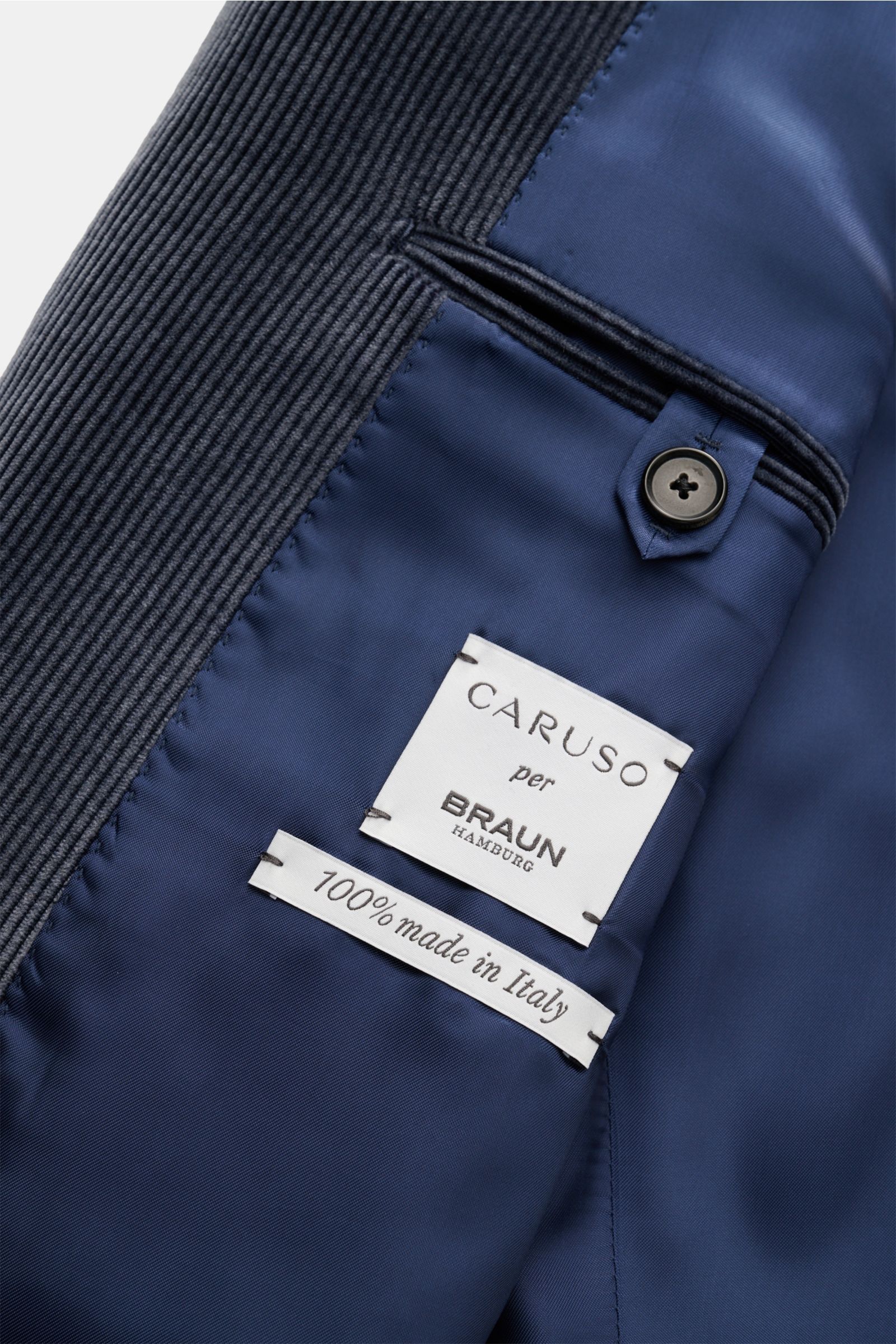Caruso Cordsakko 'Aida' graublau, Detail Innenansicht mit tonalem Futterstoff, drei Innentaschen, Cord aus Baumwolle und Wolle, leichter Stretch, Slim Fit.