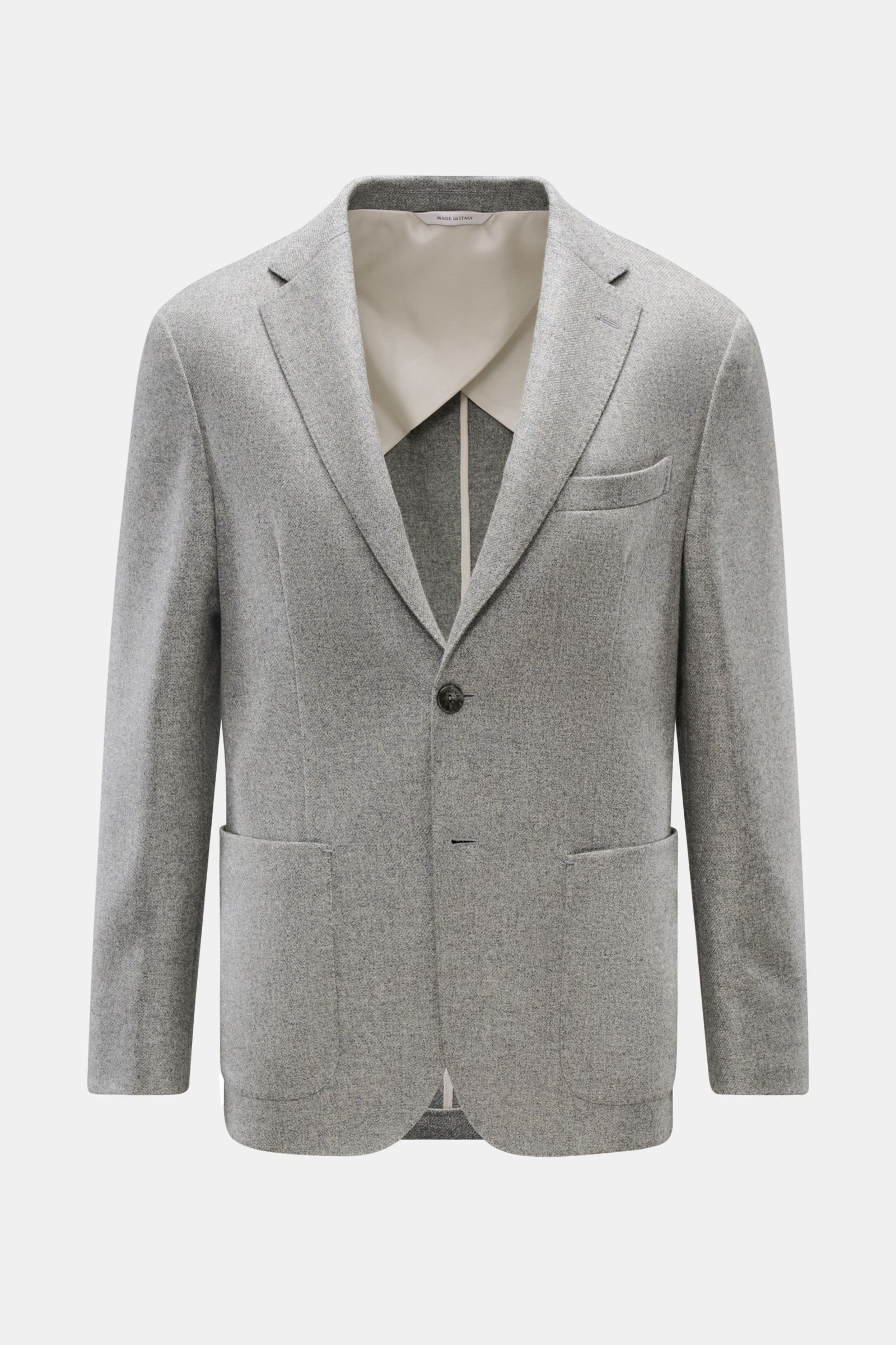 Vorderansicht des taillierten Agnona Cashmere Sakko grau meliert mit fallendem Revers, zwei Knöpfen, Brusttasche, Hüfttaschen, halb gefüttert.