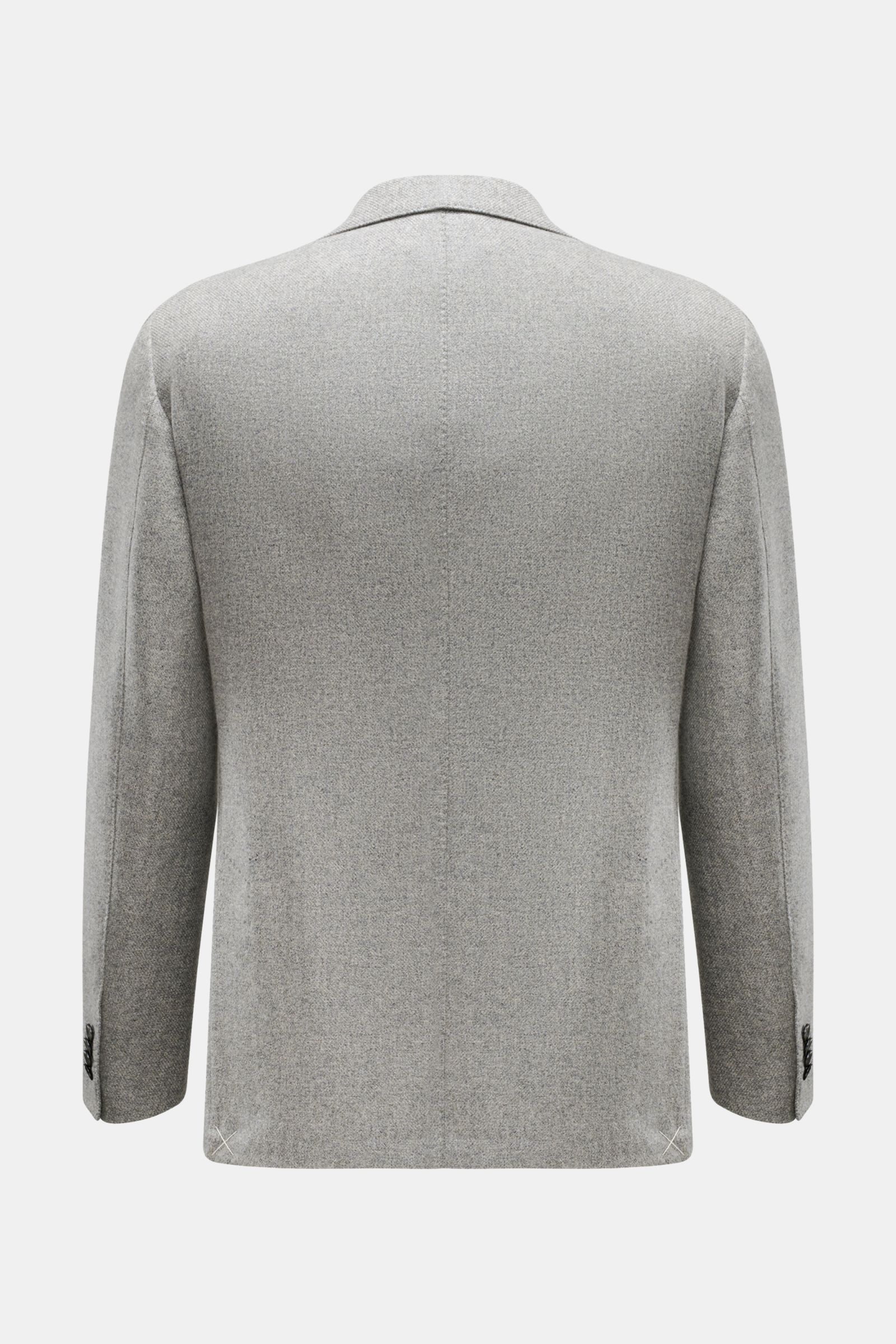 Agnona Cashmere Sakko grau meliert, Rückansicht, Slim Fit, taillierter Zwei-Knopf-Stil, halb gefüttert, feiner Griff, Seitenschlitze, Kissing Buttons.