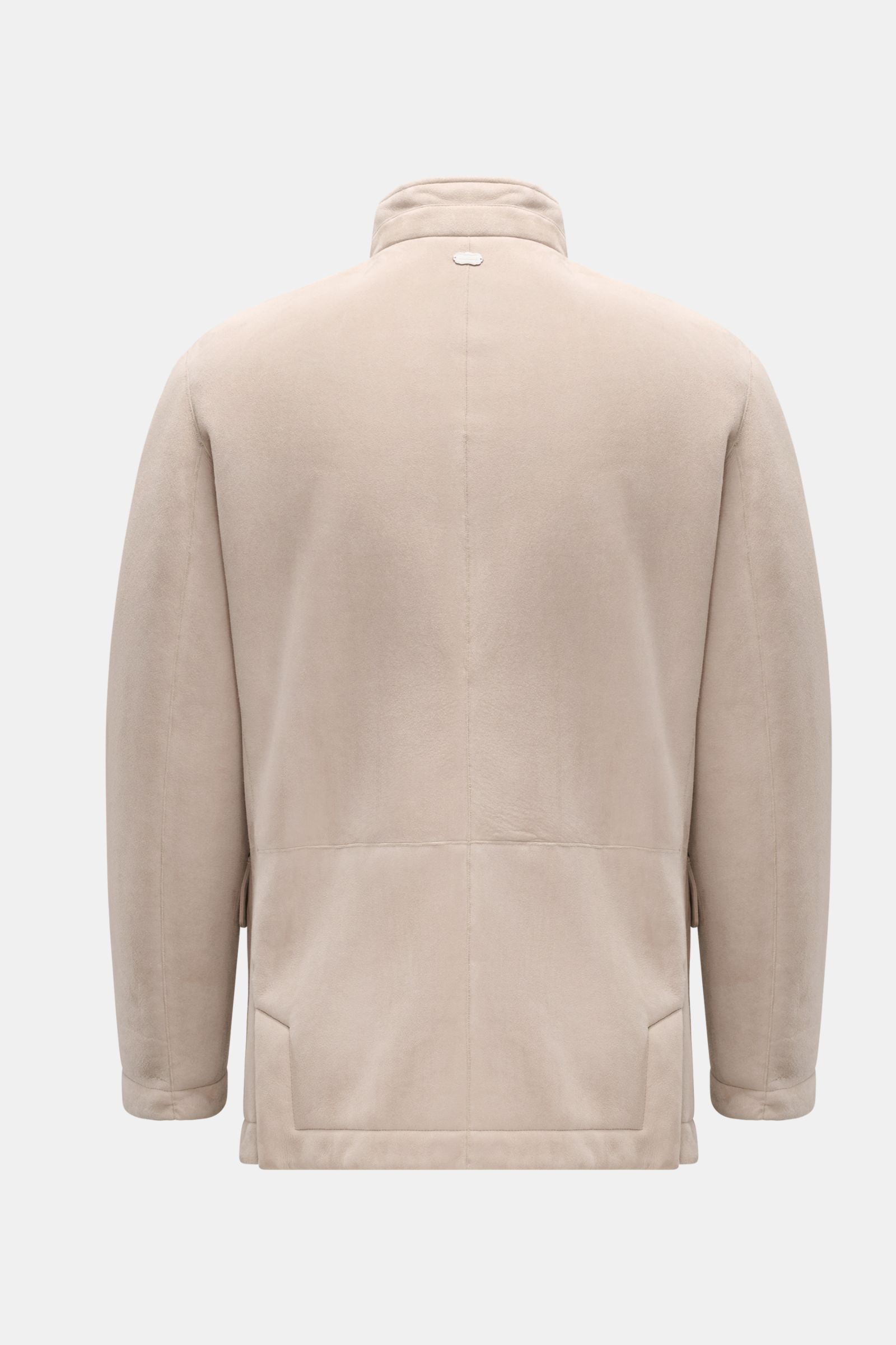 Rückansicht der Agnona Lammfelljacke sand im Sakko-Stil aus edlem Lammleder, weich, Slim Fit, Stehkragen, Metall-Logo, Hüfttaschen mit Patte.