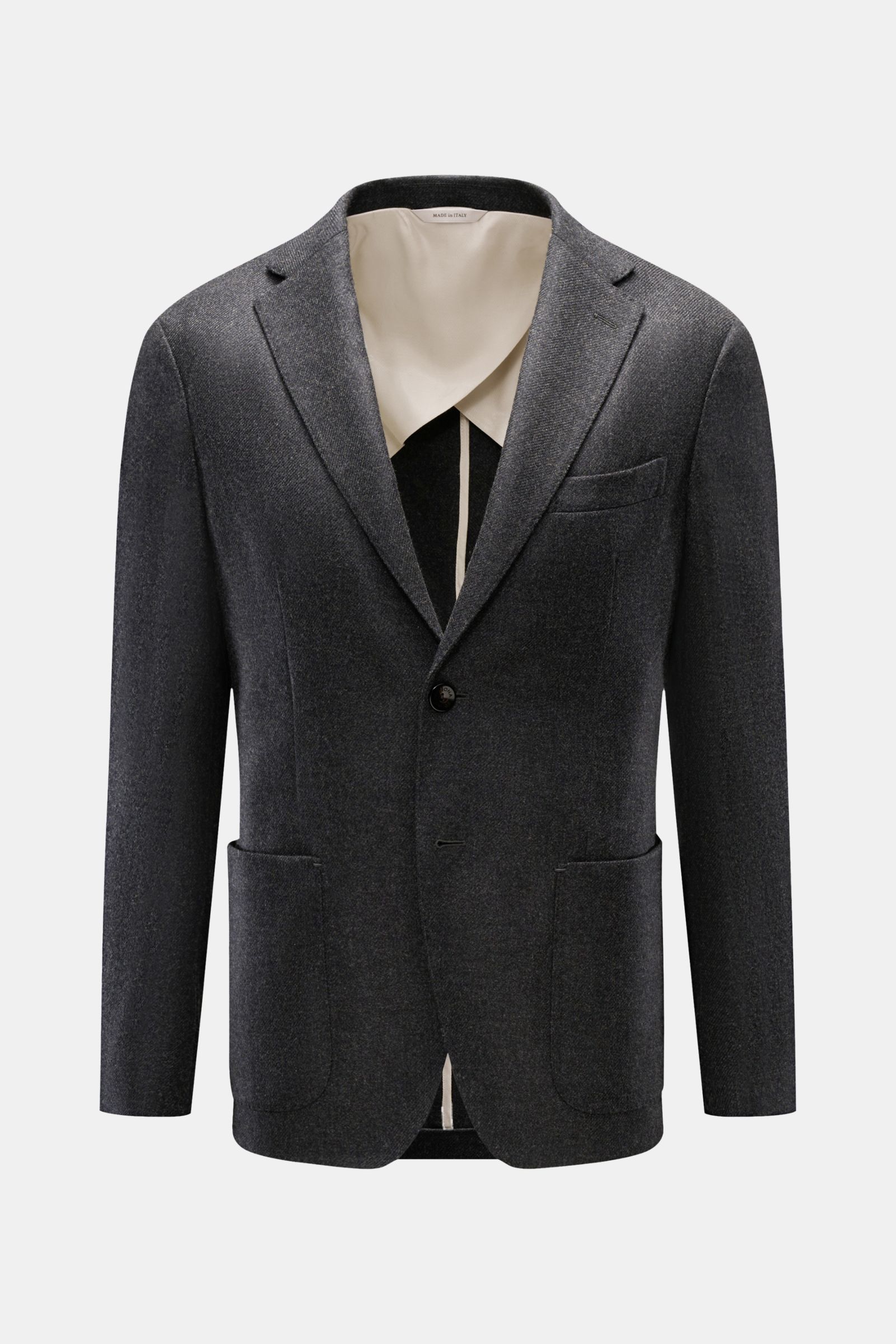 Agnona Cashmere Sakko dunkelgrau meliert shown from the front on a white background, featuring a slim fit, taillierter Zwei-Knopf-Stil, fallendes Revers, klassische Brusttasche, aufgesetzte Hüfttaschen, Kissing Buttons, rückwärtige Seitenschlitze, halb ge