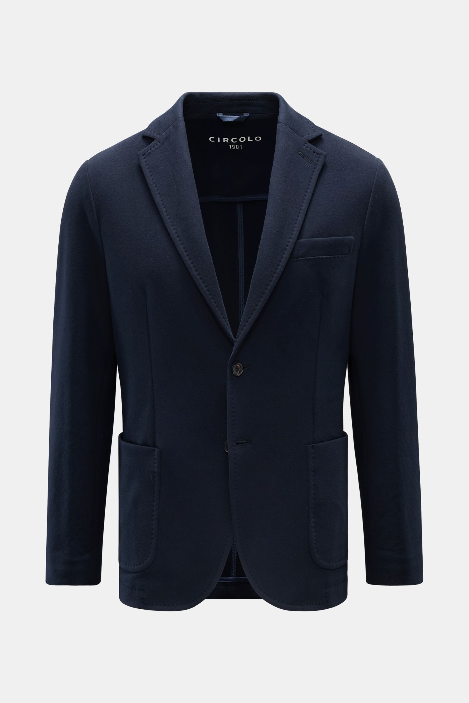 Front view of the Circolo 1901 Jersey jacket navy, a slim fit jersey jacket in stretchy cotton with a two-button style, step lapel, classic breast pocket, patch hip pockets, button cuffs, side vents, half lined, and one inside pocket. This slim fit jer