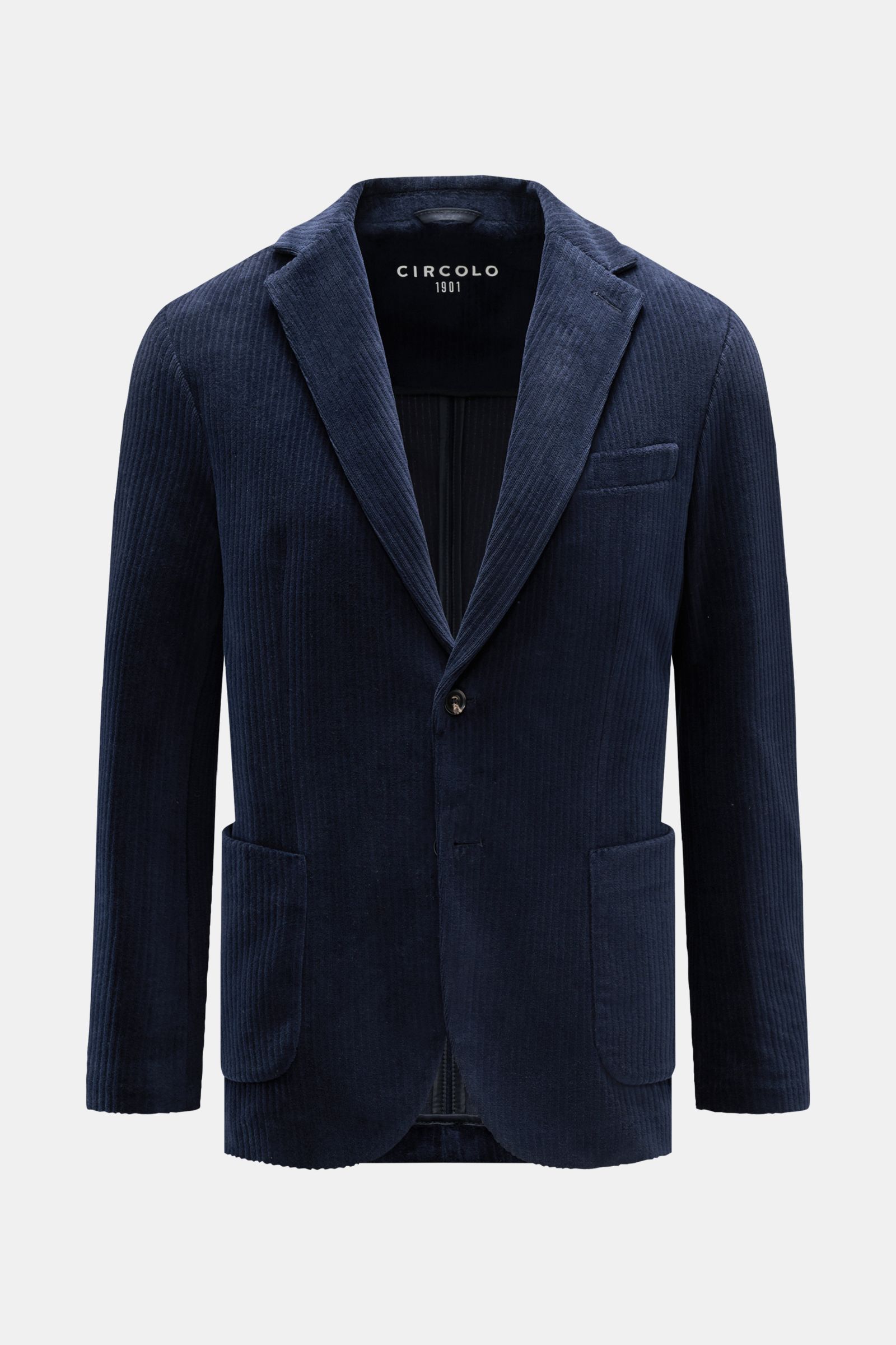 Front view of the Circolo 1901 Cordsakko navy, a slim fit, soft unconstructed corduroy blazer in a velvet cotton blend with a two-button style, notch lapel, classic chest pocket, patch hip pockets, buttoned sleeve cuffs, rear side vents, and one inside po