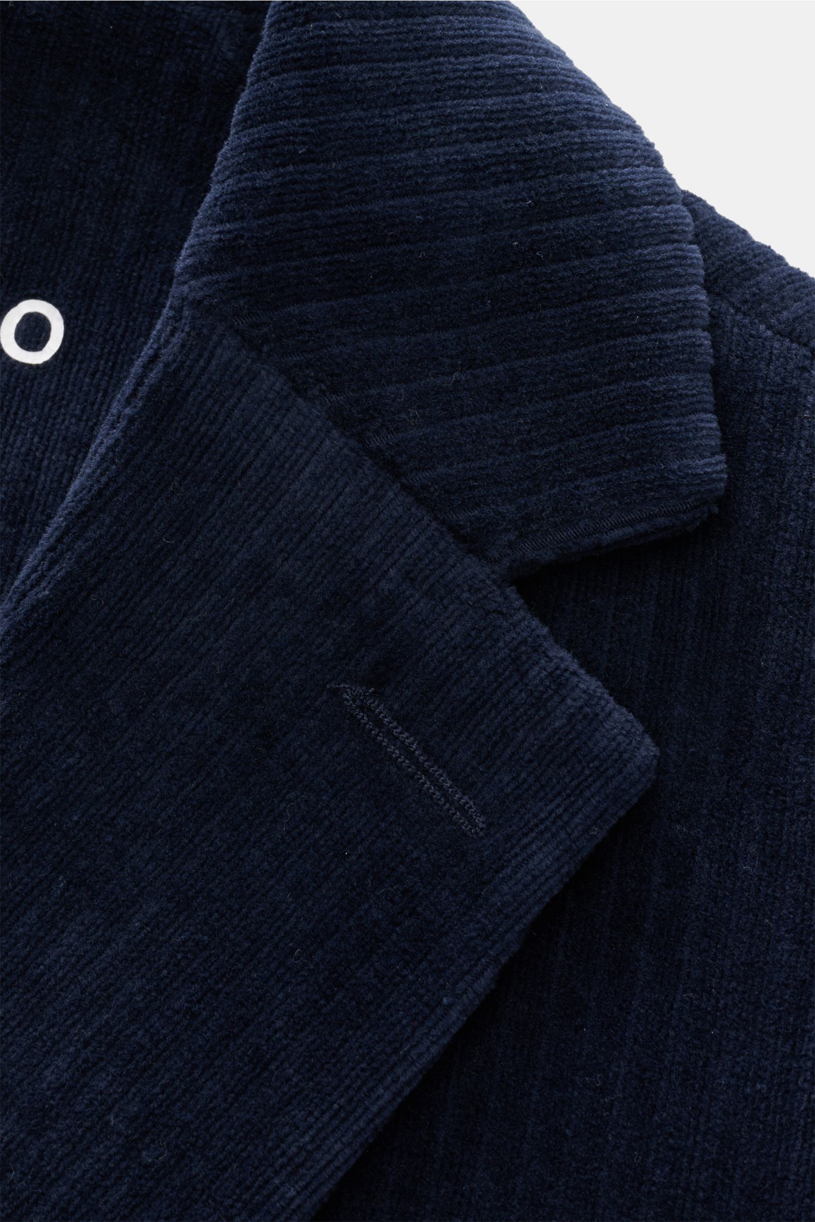 Close-up front-angle view of the Circolo 1901 Cordsakko navy, showcasing soft velvet cotton blend with slim fit, cord texture, two-button style, notch lapel, breast pocket, hip pockets, buttoned cuffs, side slits, unconstructed design, and inner pocket. 
