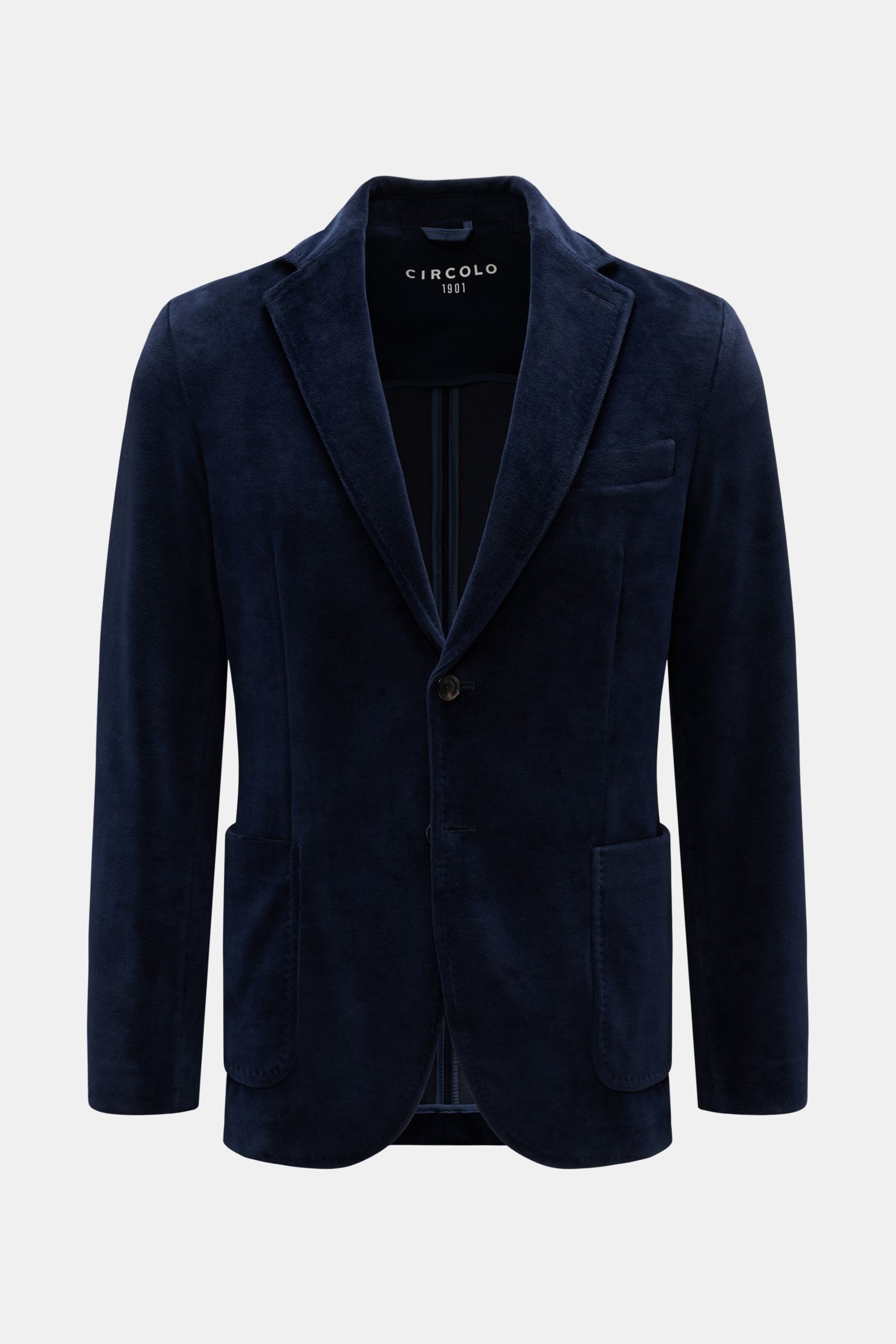 Circolo 1901 Samtsakko navy in Slim Fit, aus weichem Jersey-Samt, tailliert mit fallendem Revers, Zwei-Knopf-Stil, Brust- und Hüfttaschen, fotografiert frontal.