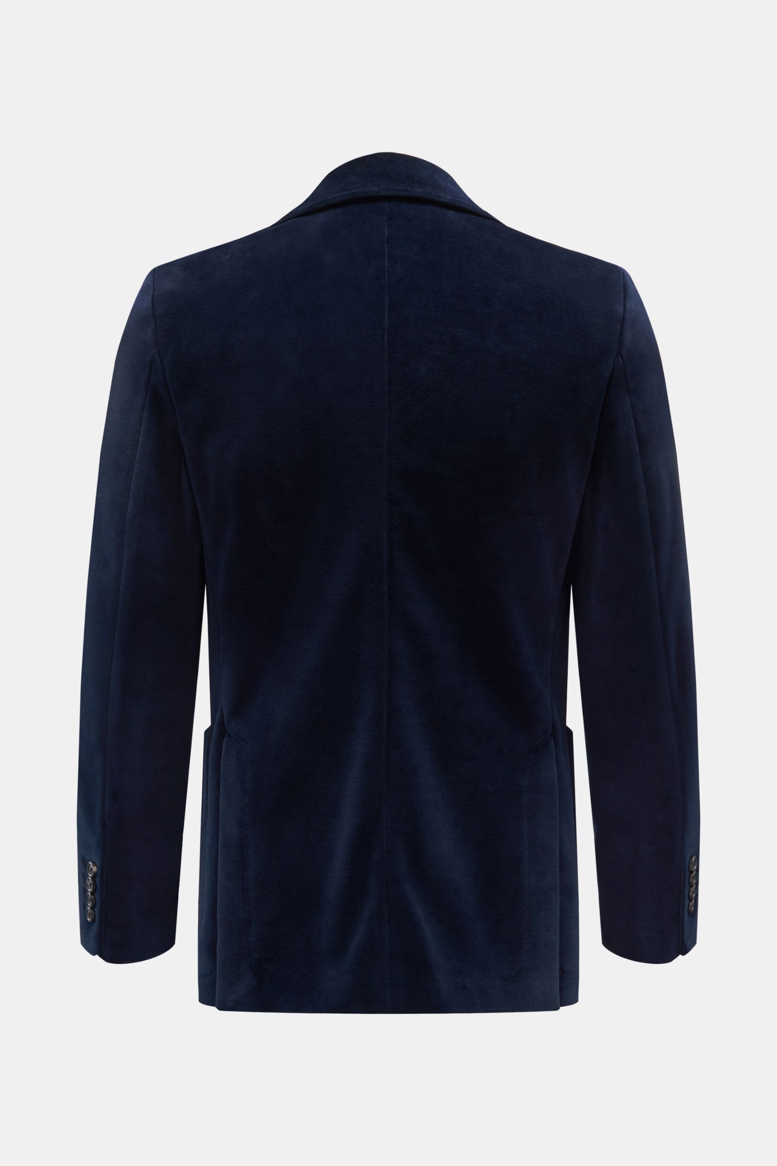 Circolo 1901 Samtsakko navy, Rückansicht, Slim Fit Jersey-Samt, tailliert, zwei Knöpfe, fallendes Revers, Seitenschlitze, halb gefüttert, Innentasche.