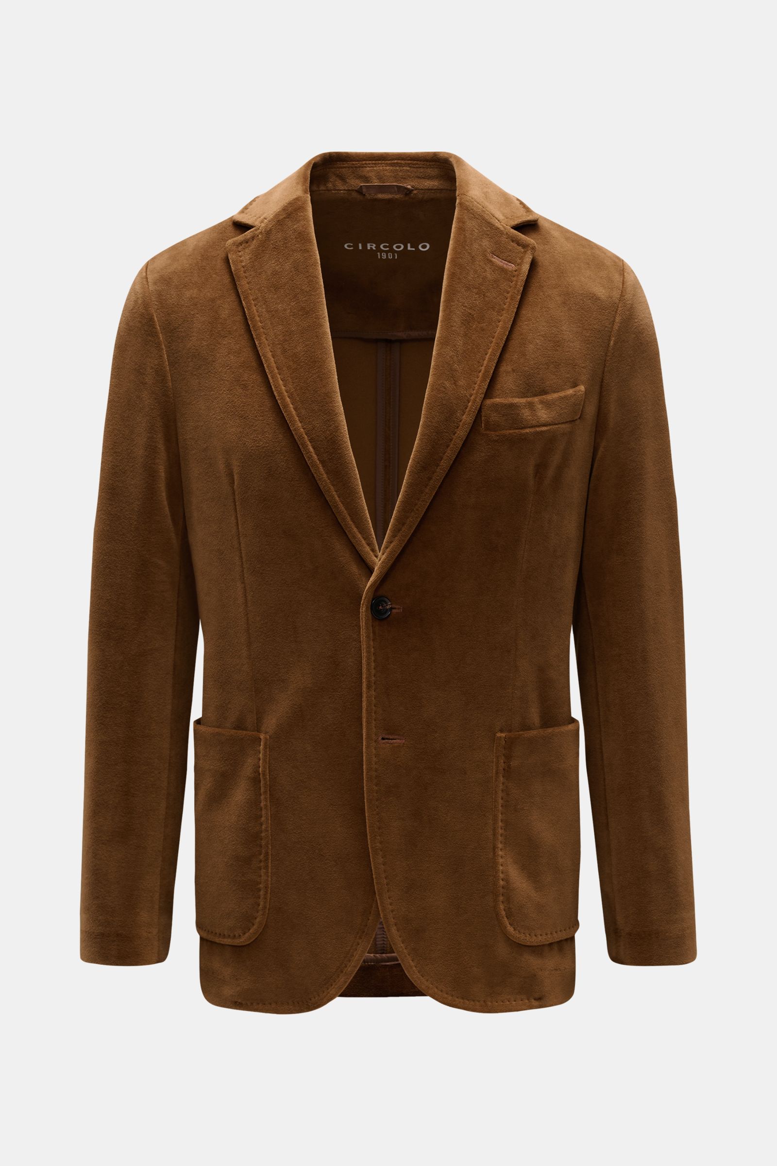 Circolo 1901 Samtsakko hellbraun, Slim Fit, tailliert, Jersey-Samt, Zwei-Knopf-Stil, fallendes Revers, Brusttasche, Hüfttaschen, Kissing Buttons, halb gefüttert, frontale Ansicht.