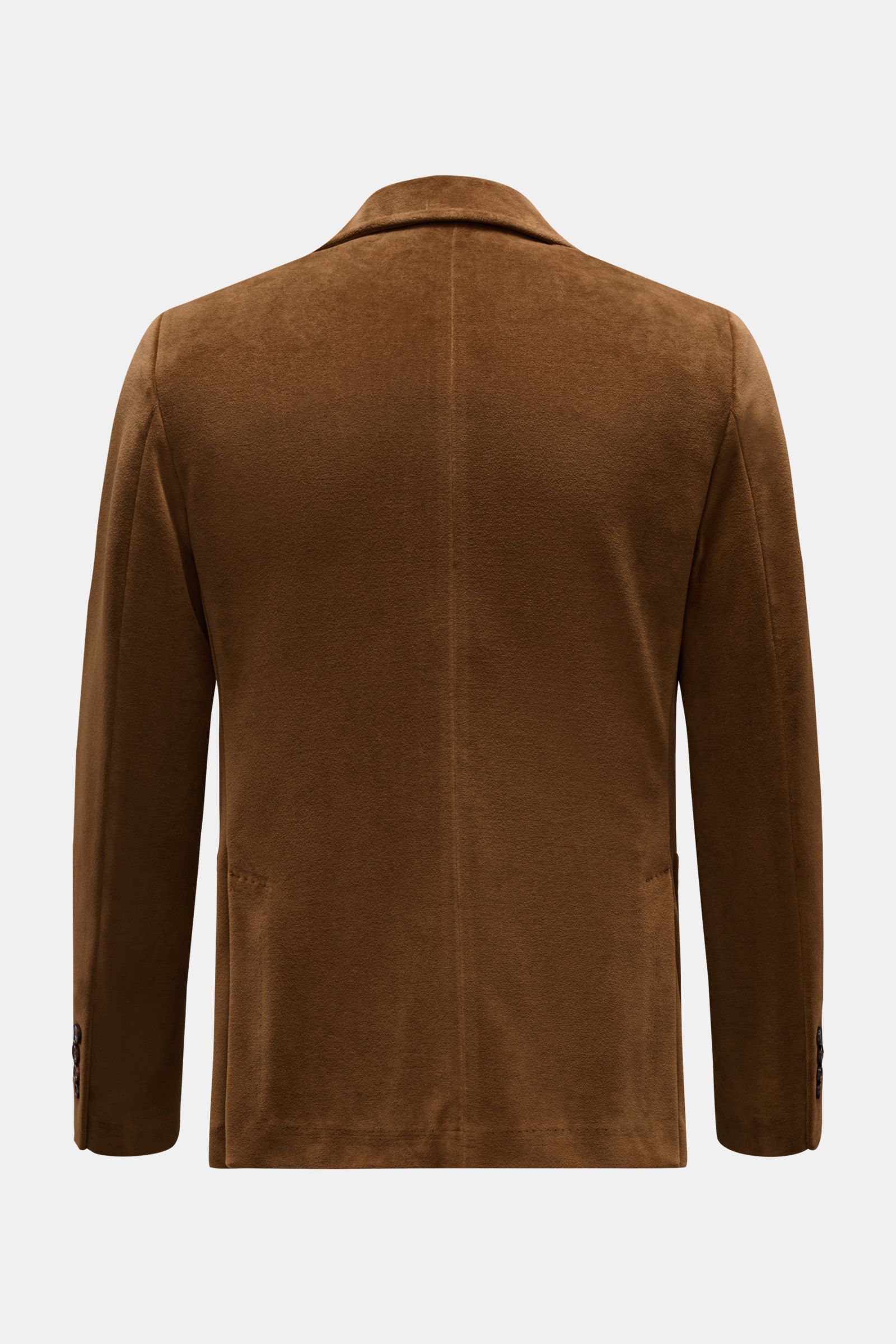 Circolo 1901 Samtsakko hellbraun von hinten, Slim Fit, Jersey-Samt, taillierter Zwei-Knopf-Stil, fallendes Revers, Seitenschlitze.