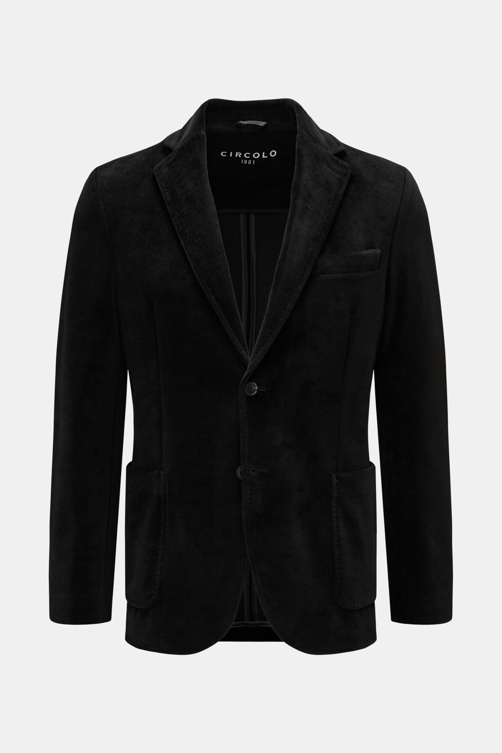 Circolo 1901 Samtsakko schwarz, frontal abgebildet, Slim Fit Jersey-Samt, tailliert, zwei Knöpfe, Brust- und Hüfttaschen, fallendes Revers.