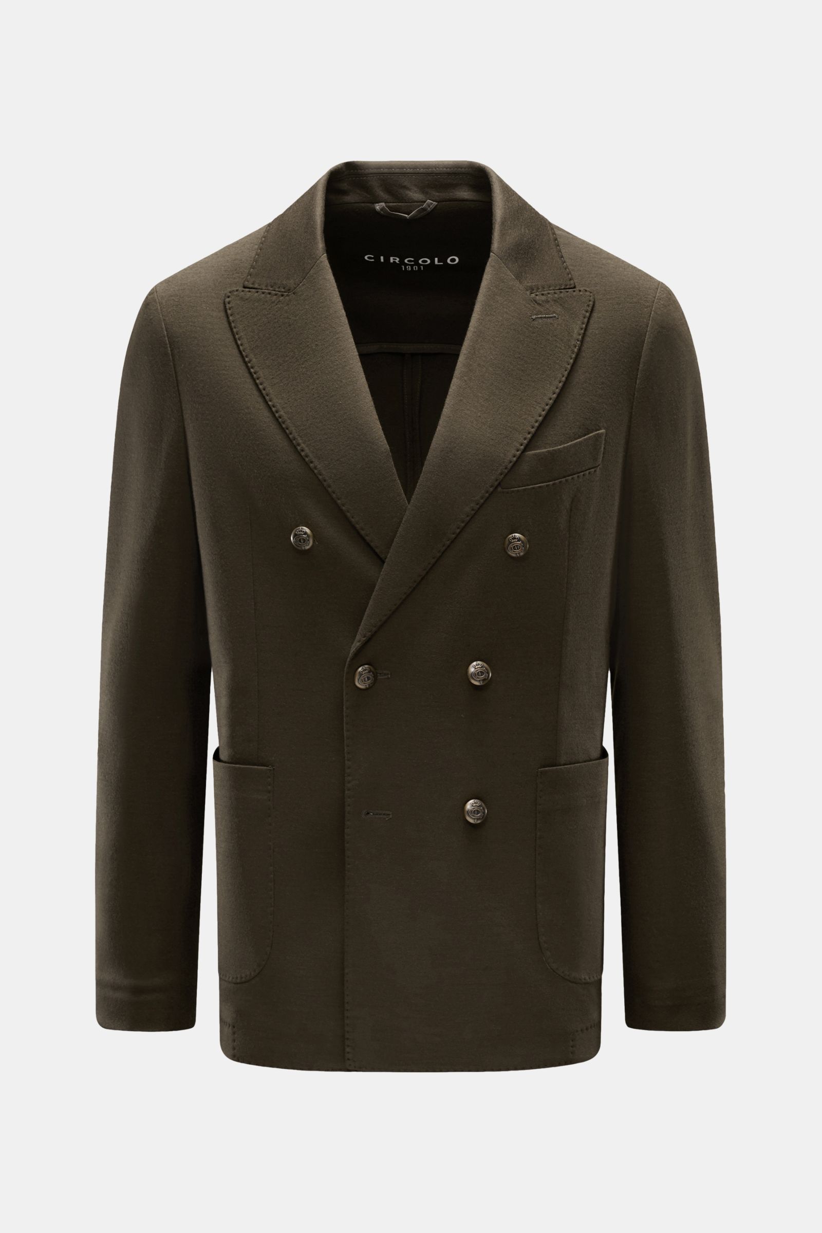 Circolo 1901 Jersey-Sakko oliv, frontal in Slim Fit, zweireihig mit drei Knöpfen, Spitzrevers, Brusttasche, Hüfttaschen, weicher Jersey aus Wolle und Cashmere.
