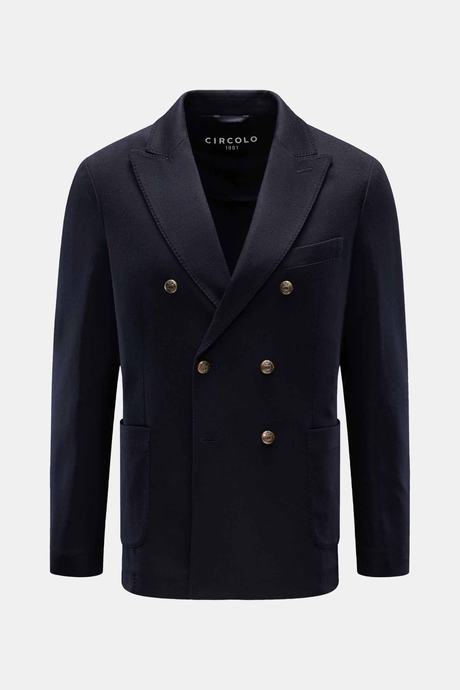 Circolo 1901 Jersey-Sakko navy, frontale Aufnahme, zweireihig mit drei Knöpfen, Spitzrevers, Brust- und Hüfttaschen, Slim Fit, Wolle-Cashmere Jersey, halb gefüttert.