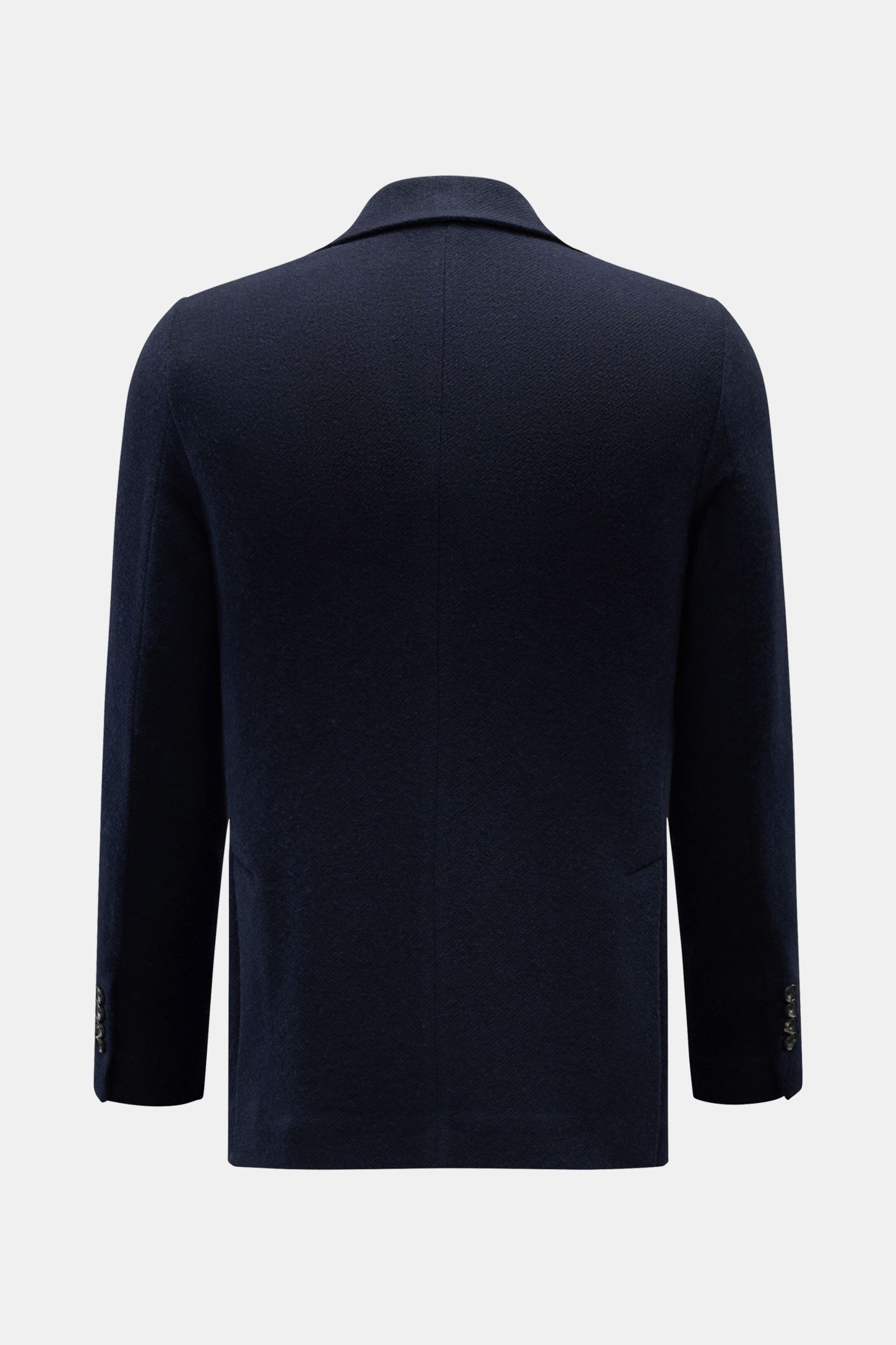 Rear view of Circolo 1901 Sakko navy, a slim fit, wool and cashmere blend jacket with soft texture, back side vents, and buttoned sleeve cuffs. Wenn Komfort auf Klasse trifft, ist CIRCOLO 1901 ein Begriff: Dieses Sakko aus Wolle und Cashmere verleiht d
