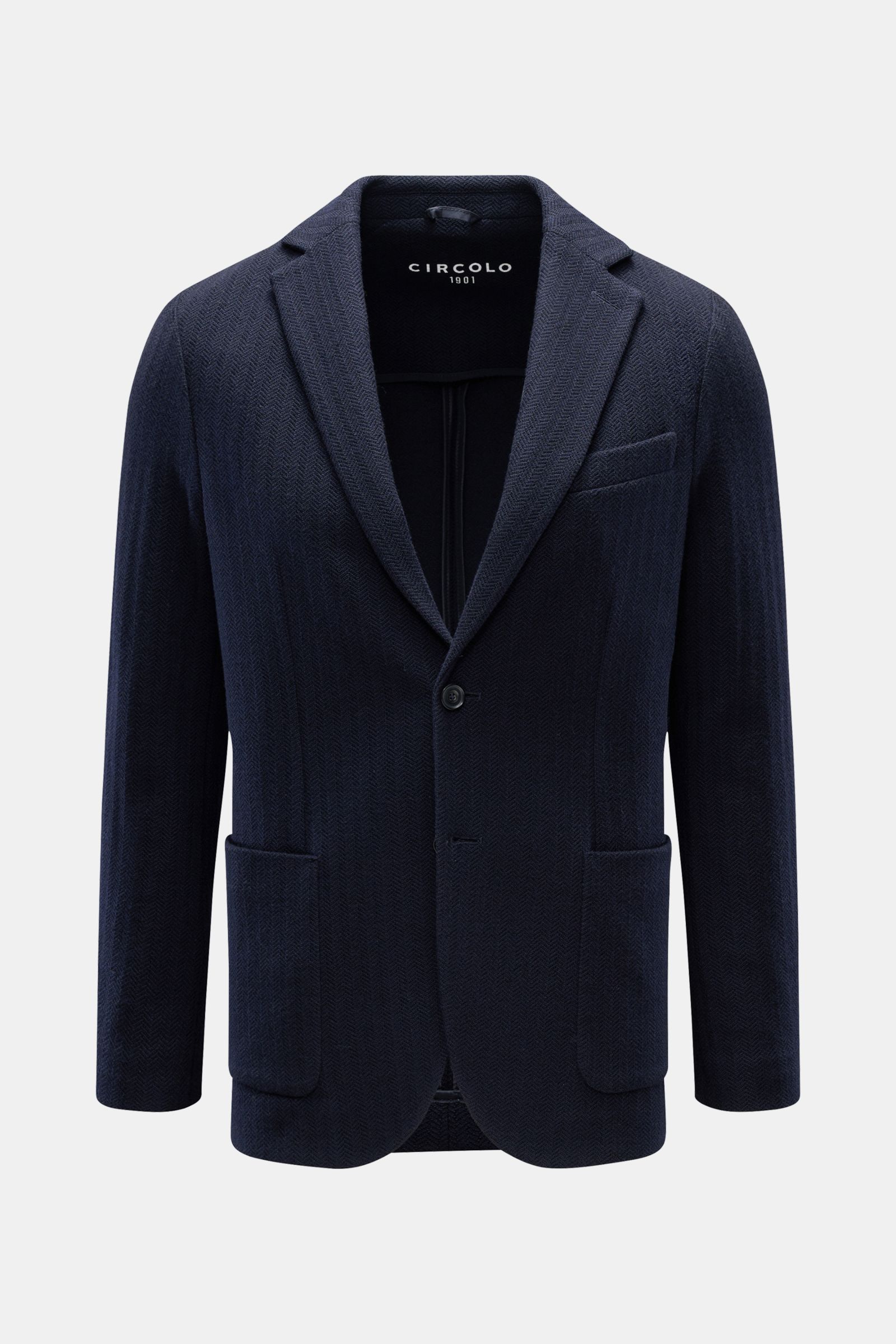 Circolo 1901 Strickblazer navy aus reiner Wolle, Slim Fit, tonaler Fischgrat, taillierter Zwei-Knopf-Stil, frontal fotografiert.