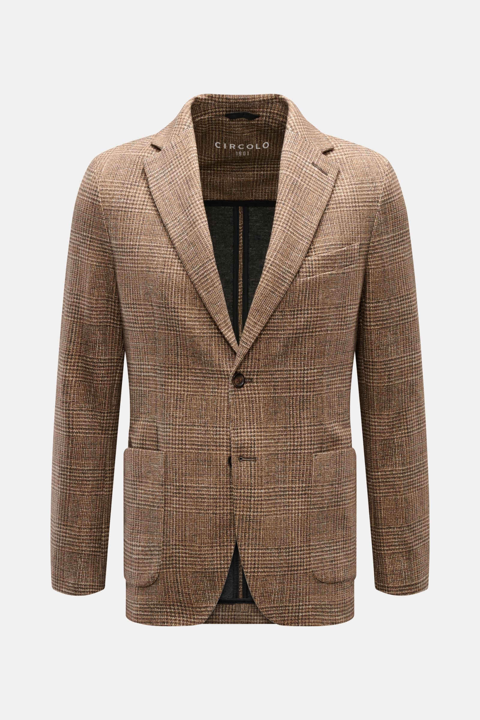 Circolo 1901 Jersey-Sakko braun/beige kariert, Slim Fit, tailliert, Glencheck-Print, Jersey-Baumwolle, Unconstructed-Design, frontal fotografiert.