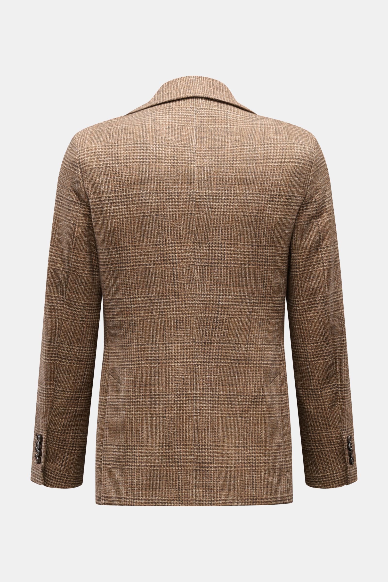 Circolo 1901 Jersey-Sakko braun/beige kariert, Rückansicht, leichter Jersey aus elastischer Baumwolle mit Glencheck-Print, Slim Fit, tailliert, zwei Knöpfe, fallendes Revers, Ärmel mit Knöpfen, Seitenschlitze, Unconstructed-Design.