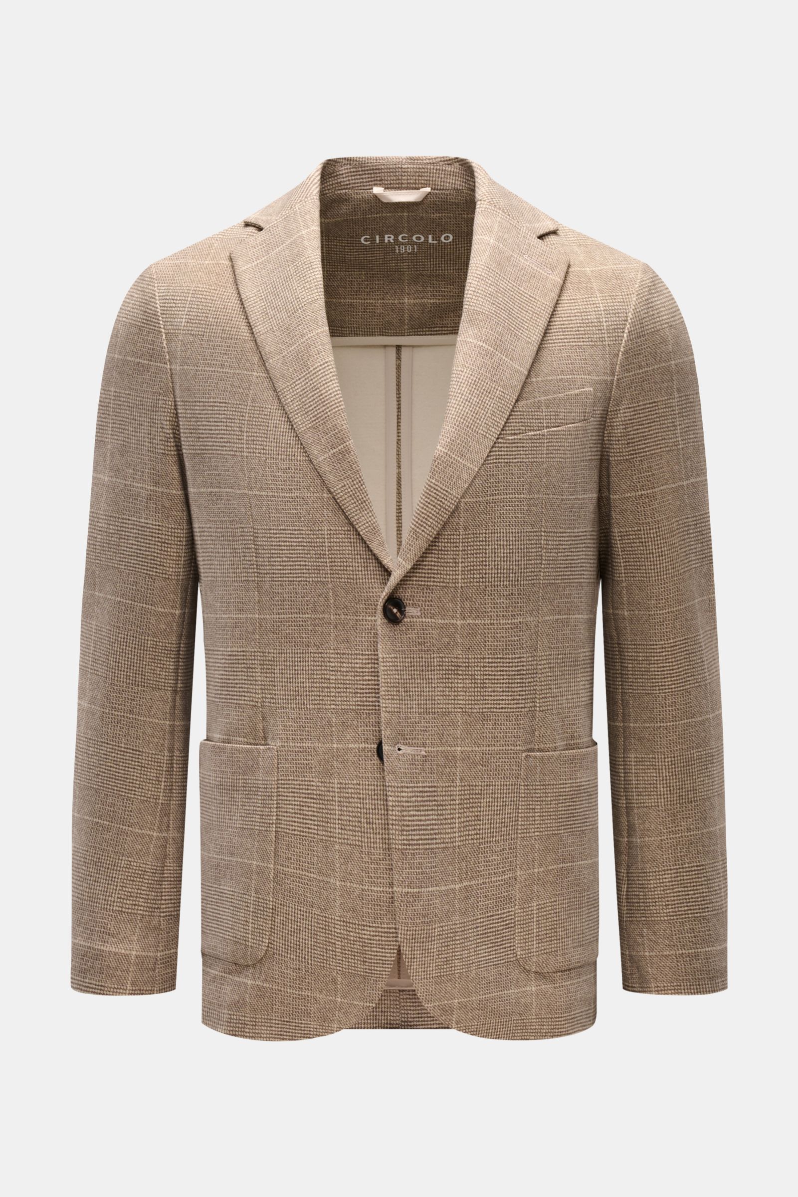 Circolo 1901 Jersey-Sakko beige/braun kariert, slim Fit, tailliert, Glencheck-Print, Jersey aus Baumwolle mit Stretch, frontal fotografiert.