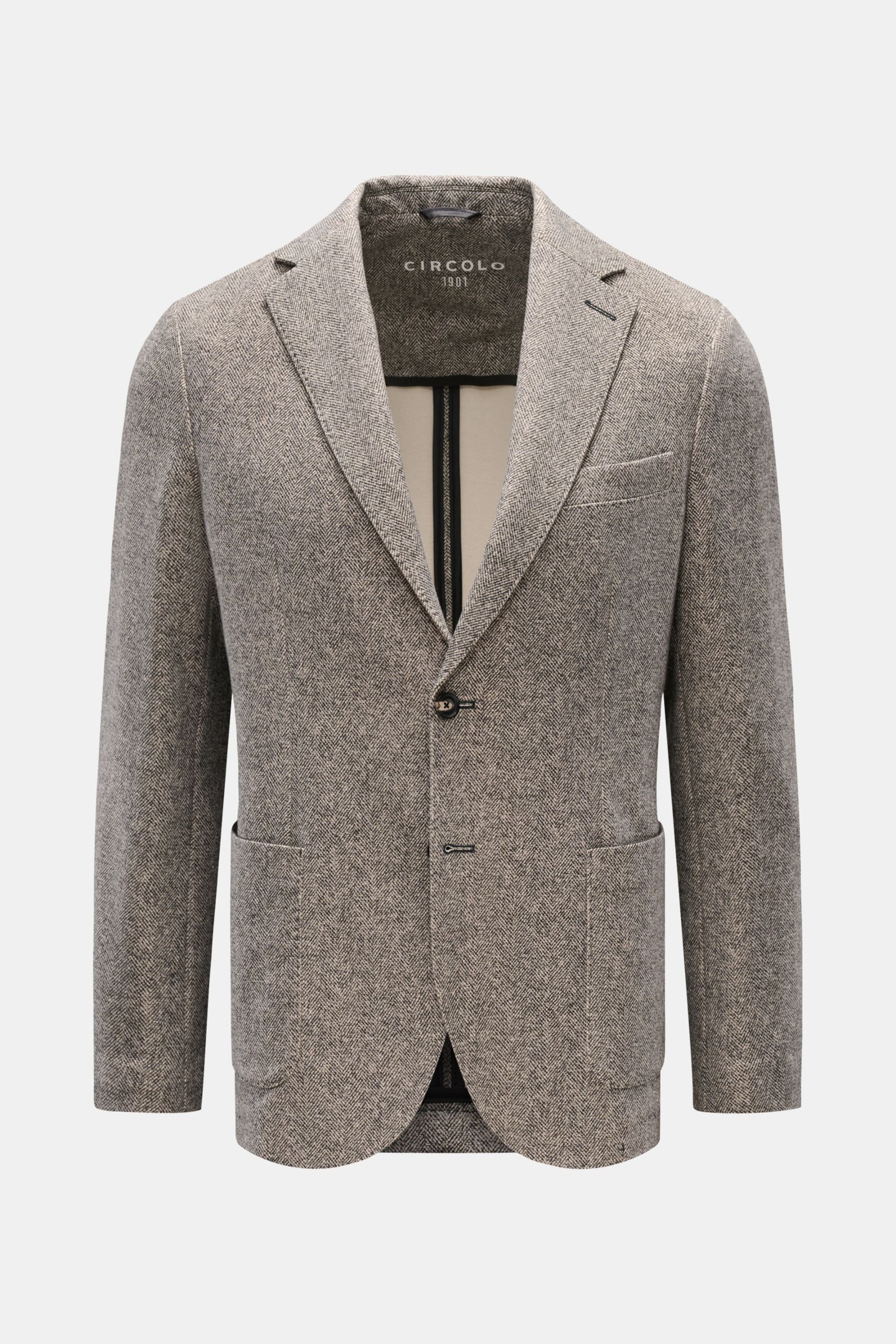 Circolo 1901 Jersey-Sakko schwarz/creme gemustert, Slim Fit, tailliert, vorne mit zwei Knöpfen, Print in Weboptik, aus elastischer Baumwolle, Frontansicht.